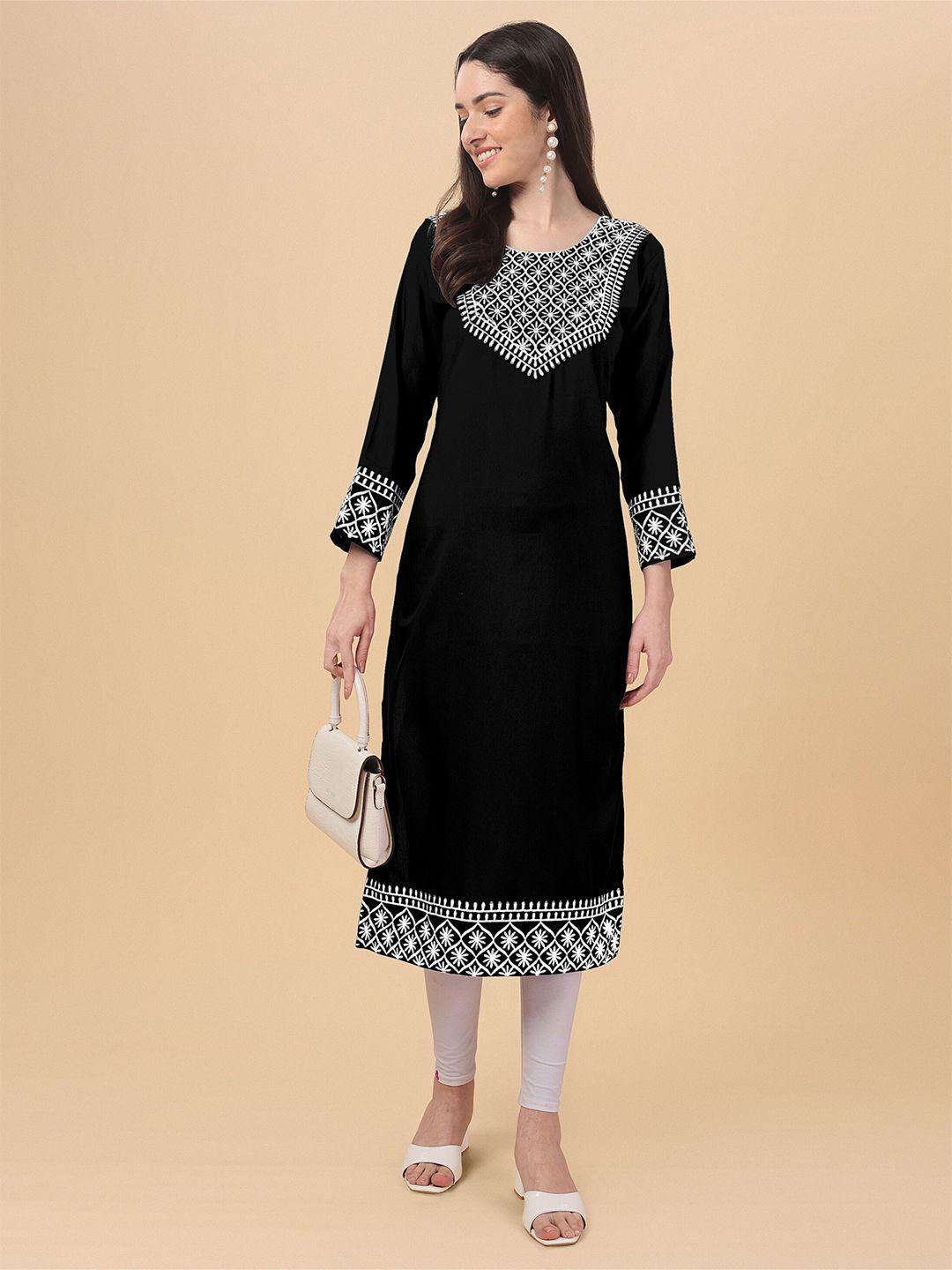 femvy women black & white floral embroidered thread work kurta