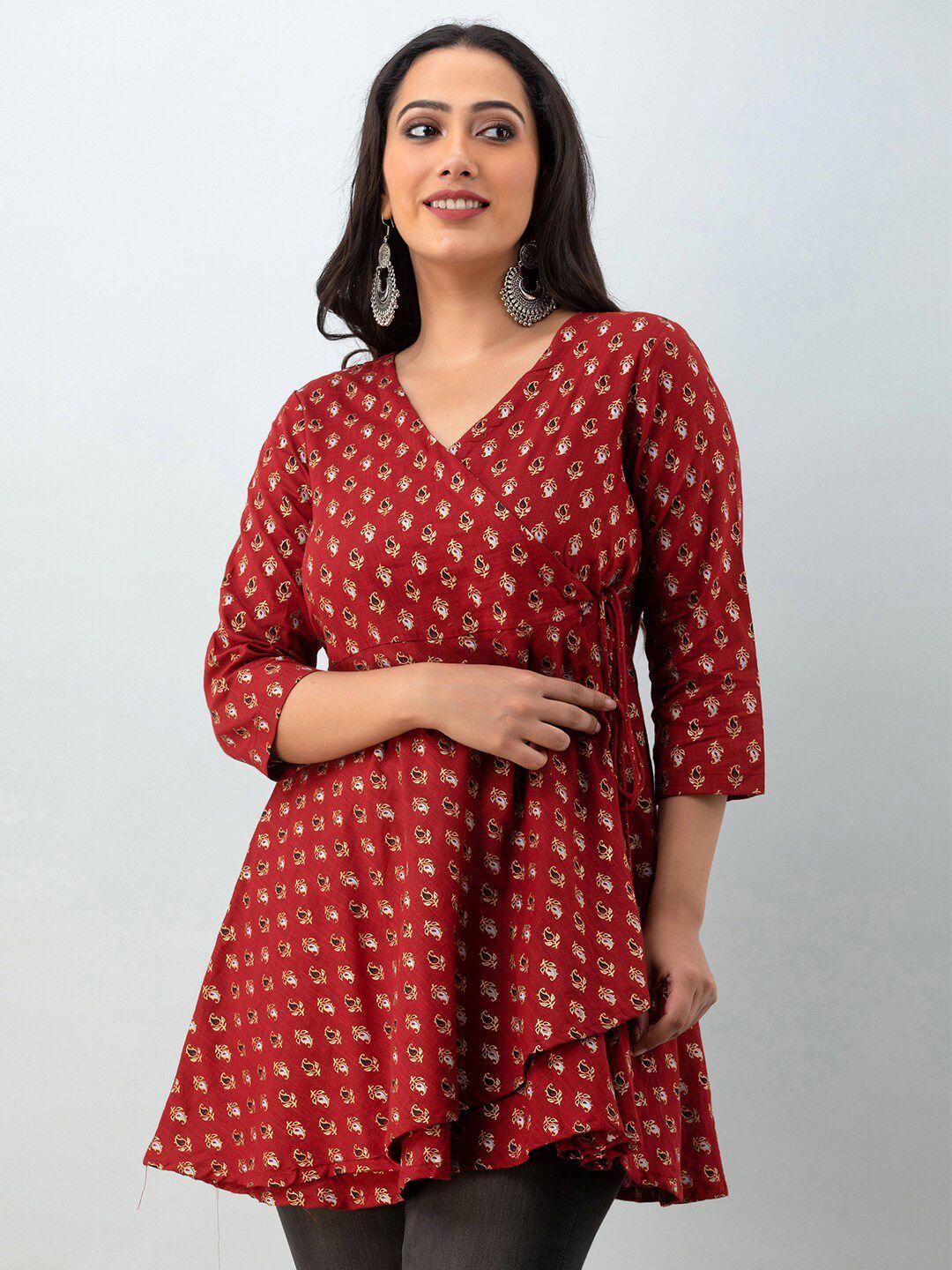 feranoid ethnic motifs printed v-neck pure cotton angrakha kurti