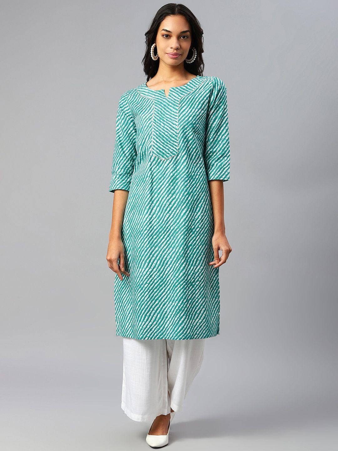 feranoid women green & white leheriya printed gotta patti cotton kurta