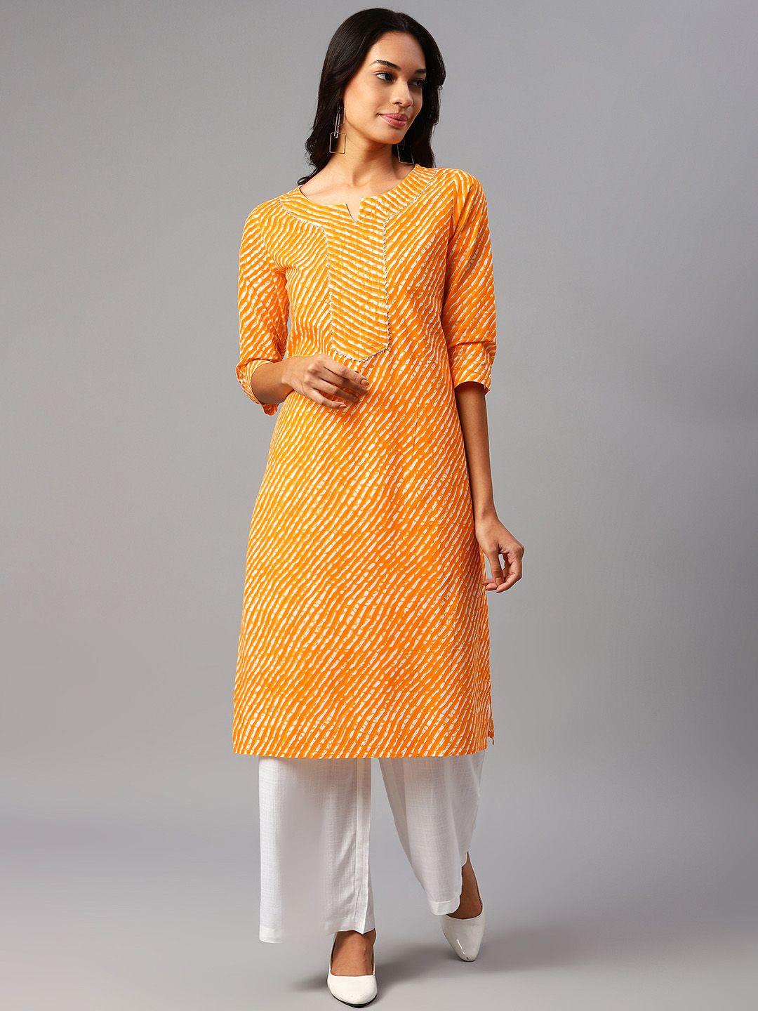 feranoid women yellow & white leheriya printed gotta patti cotton kurta