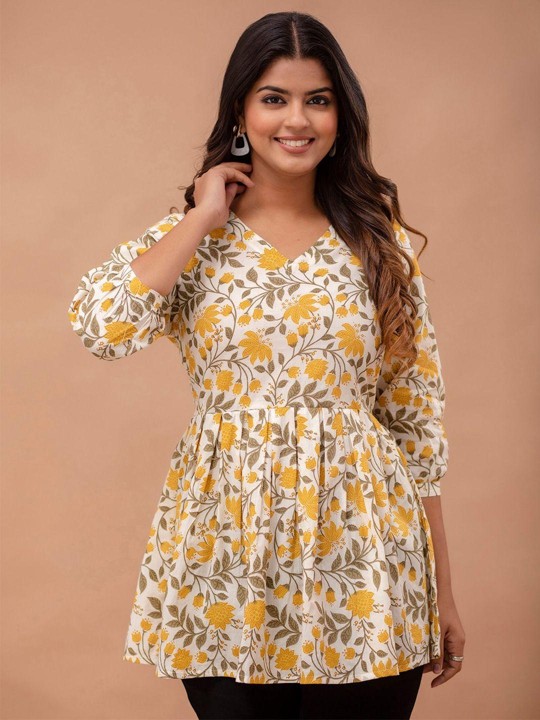 feranoid cream-coloured & yellow floral printed v-neck pure cotton pleated kurti