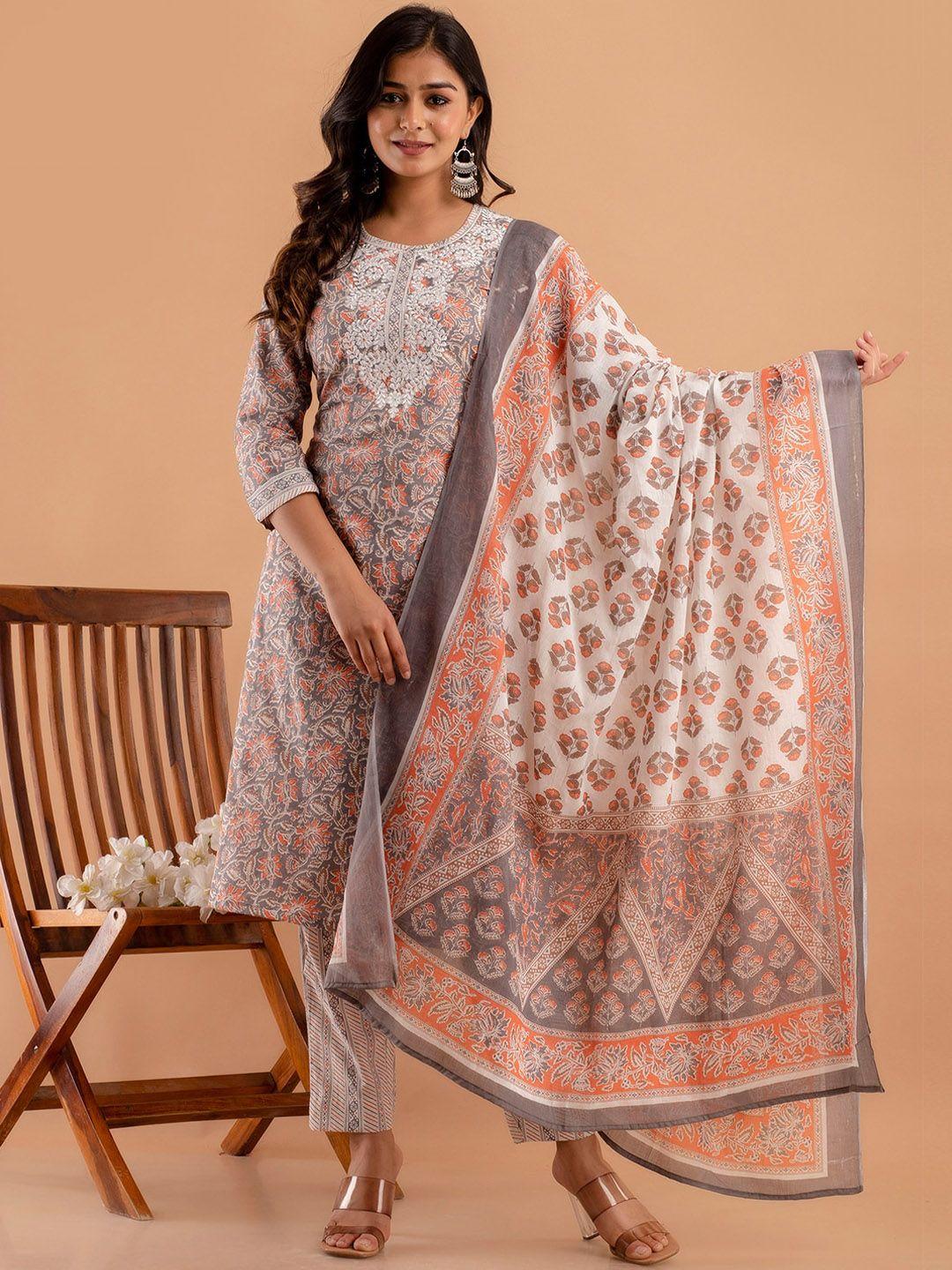 feranoid ethnic motifs embroidered pure cotton kurta with trousers & dupatta