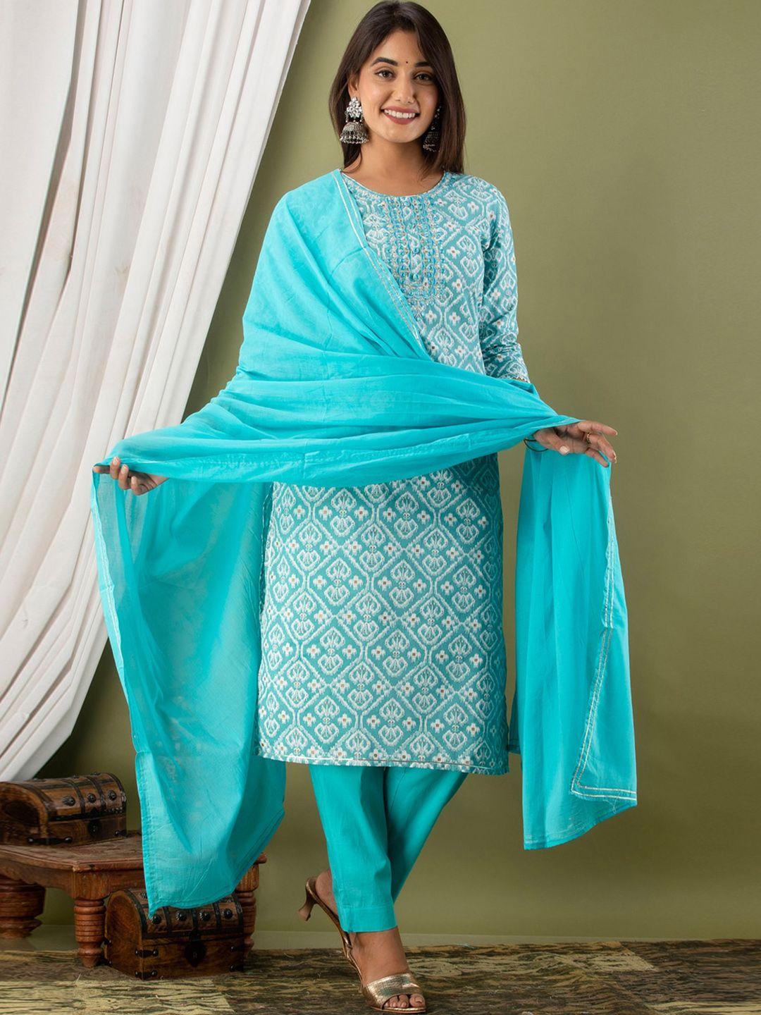 feranoid ethnic motifs printed pure cotton kurta with trousers & dupatta