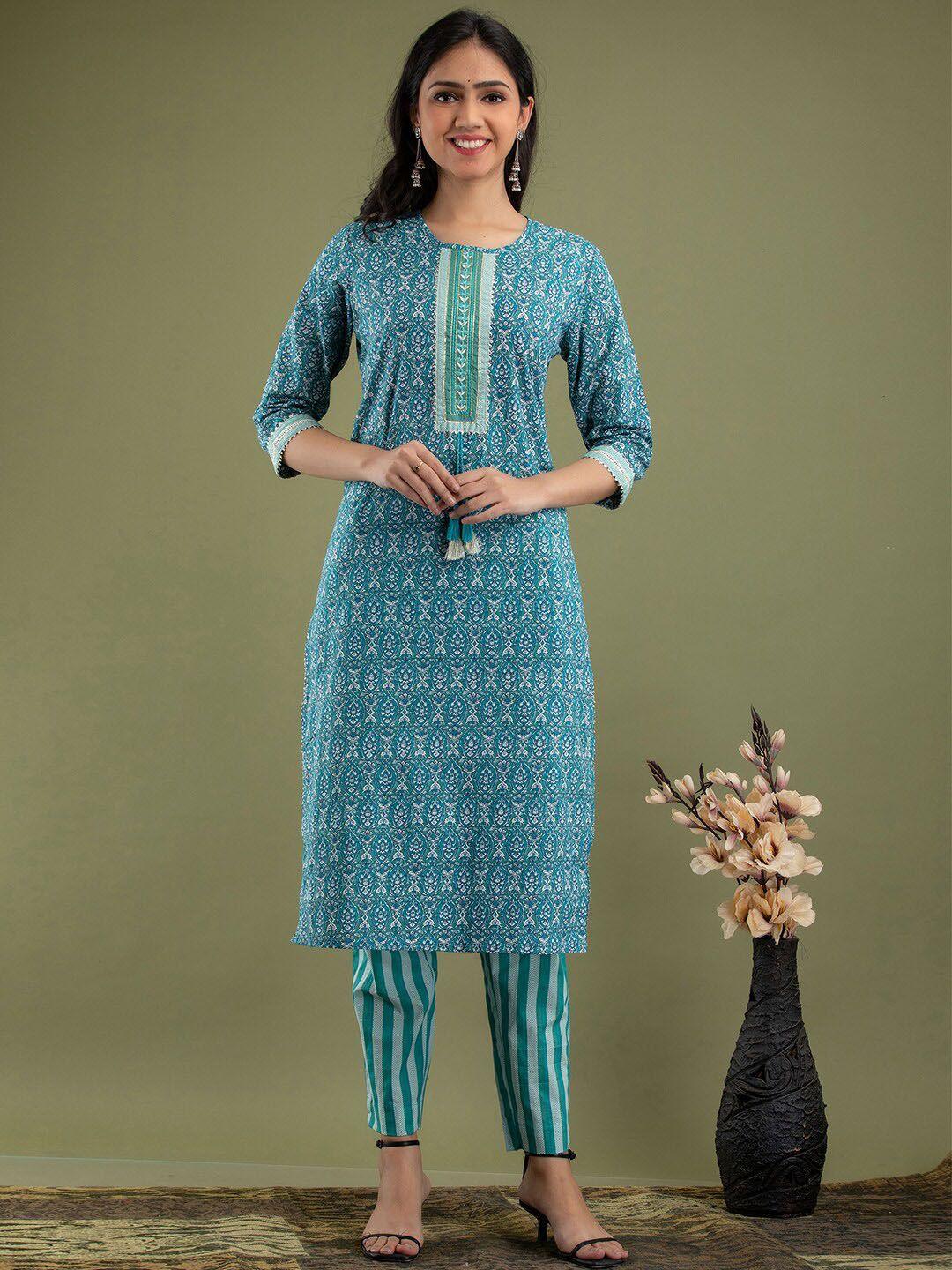 feranoid ethnic motifs printed pure cotton kurta with trousers