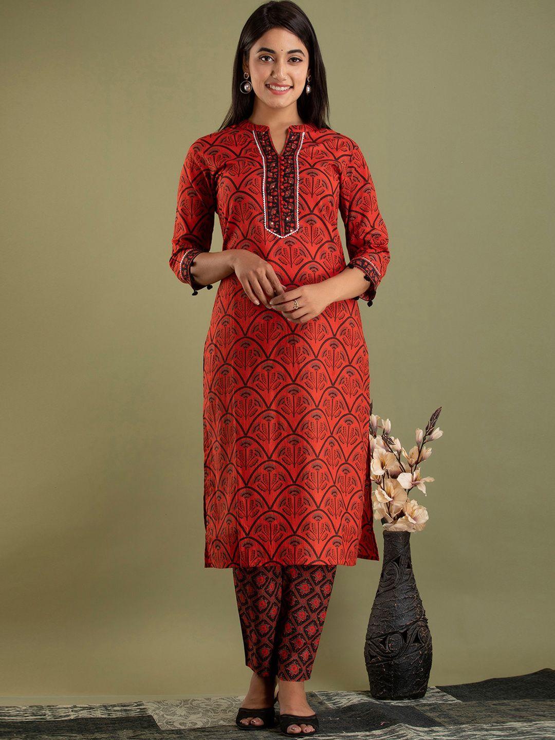 feranoid ethnic motifs printed pure cotton straight kurta & trousers with dupatta