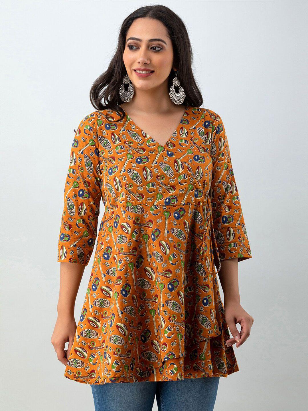 feranoid ethnic motifs printed v-neck pure cotton angrakha kurti