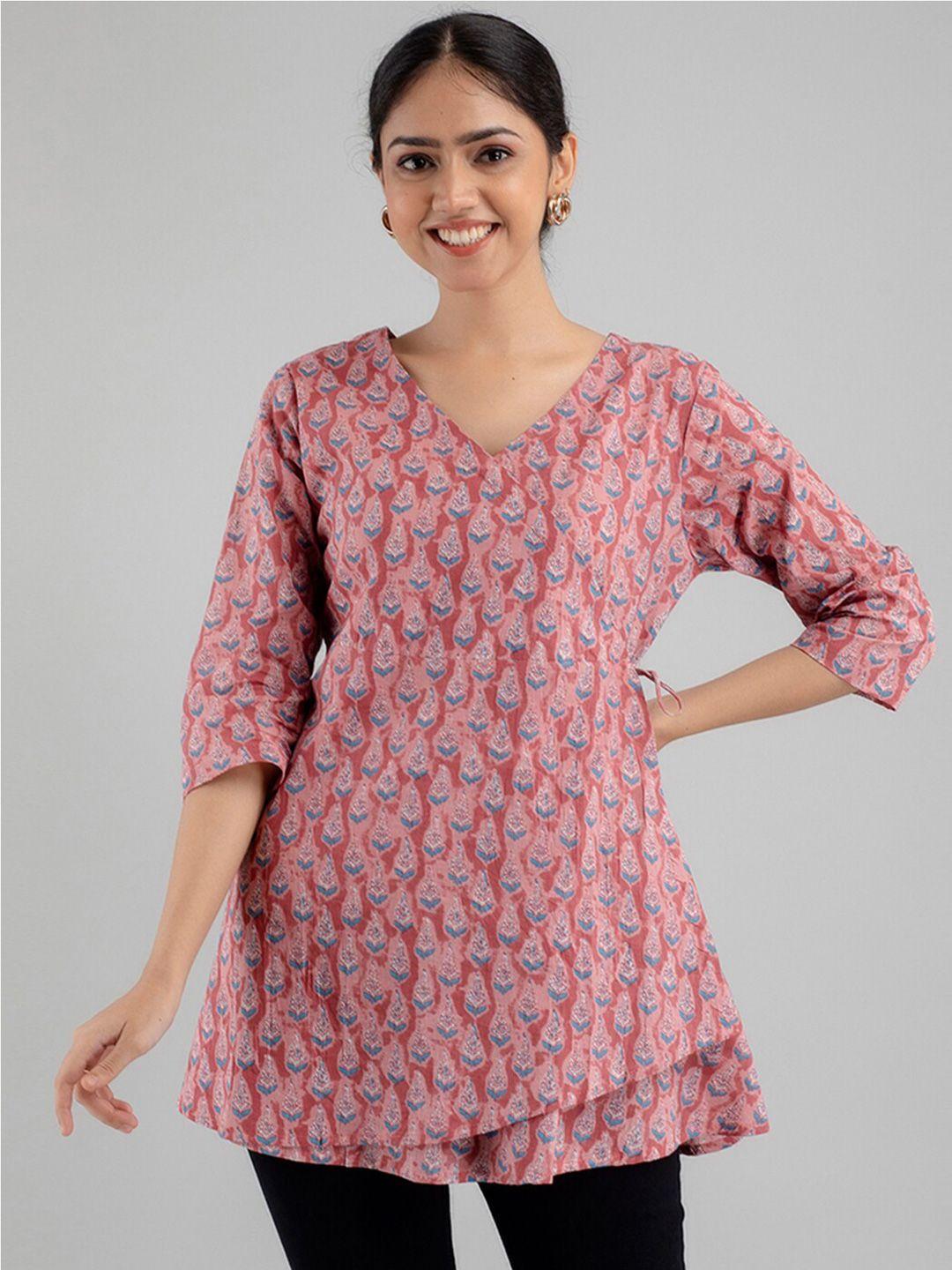 feranoid ethnic motifs printed v-neck pure cotton angrakha kurti