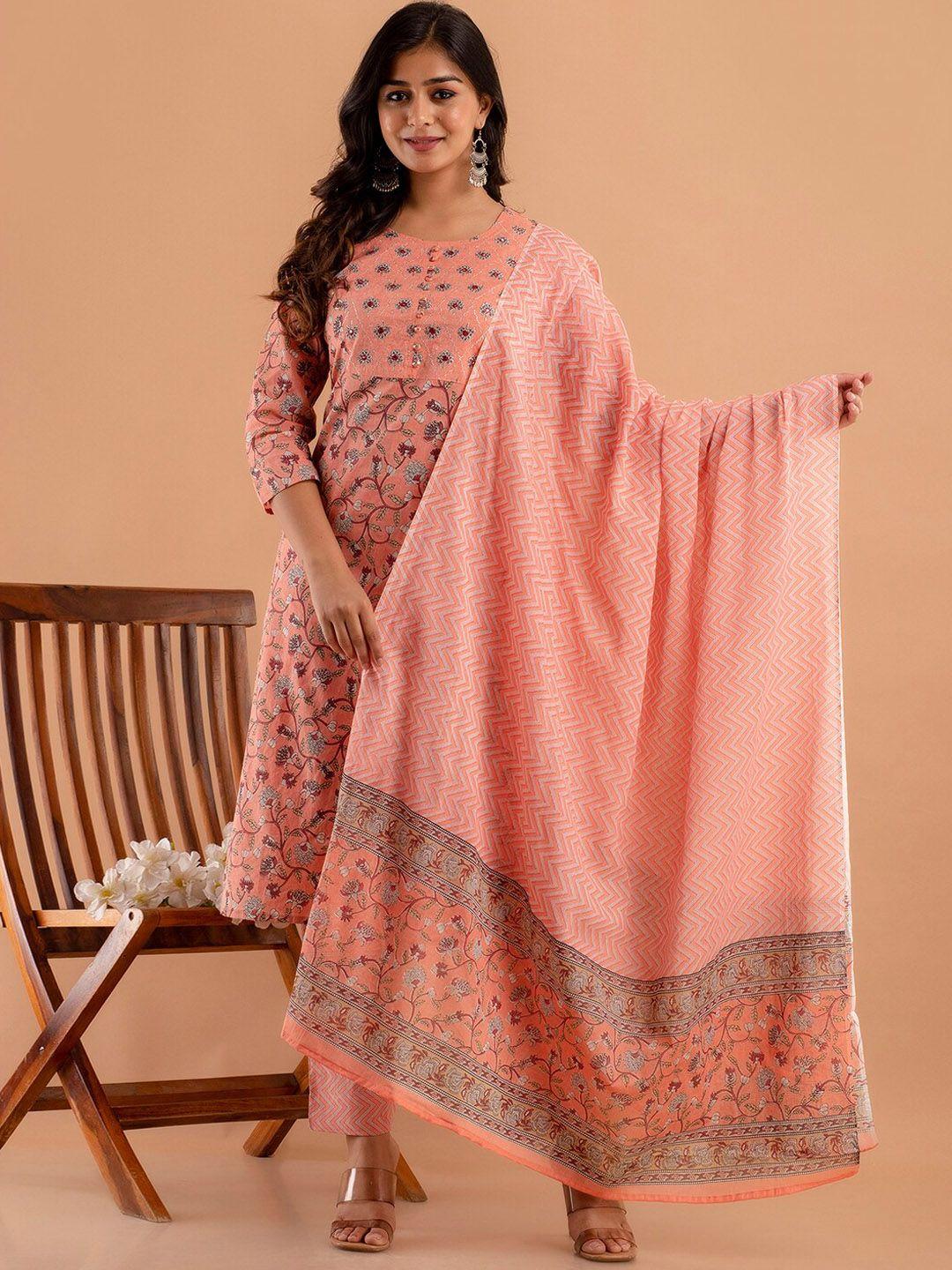 feranoid floral printed mirror work pure cotton straight kurta & trousers with dupatta