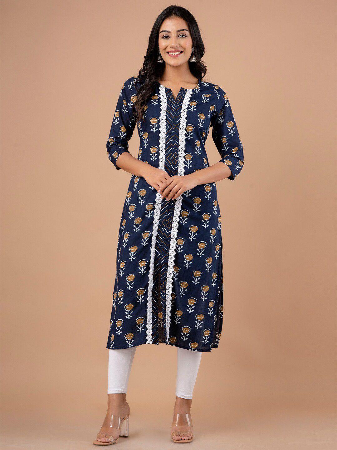 feranoid floral printed notched round neck pure cotton straight kurta