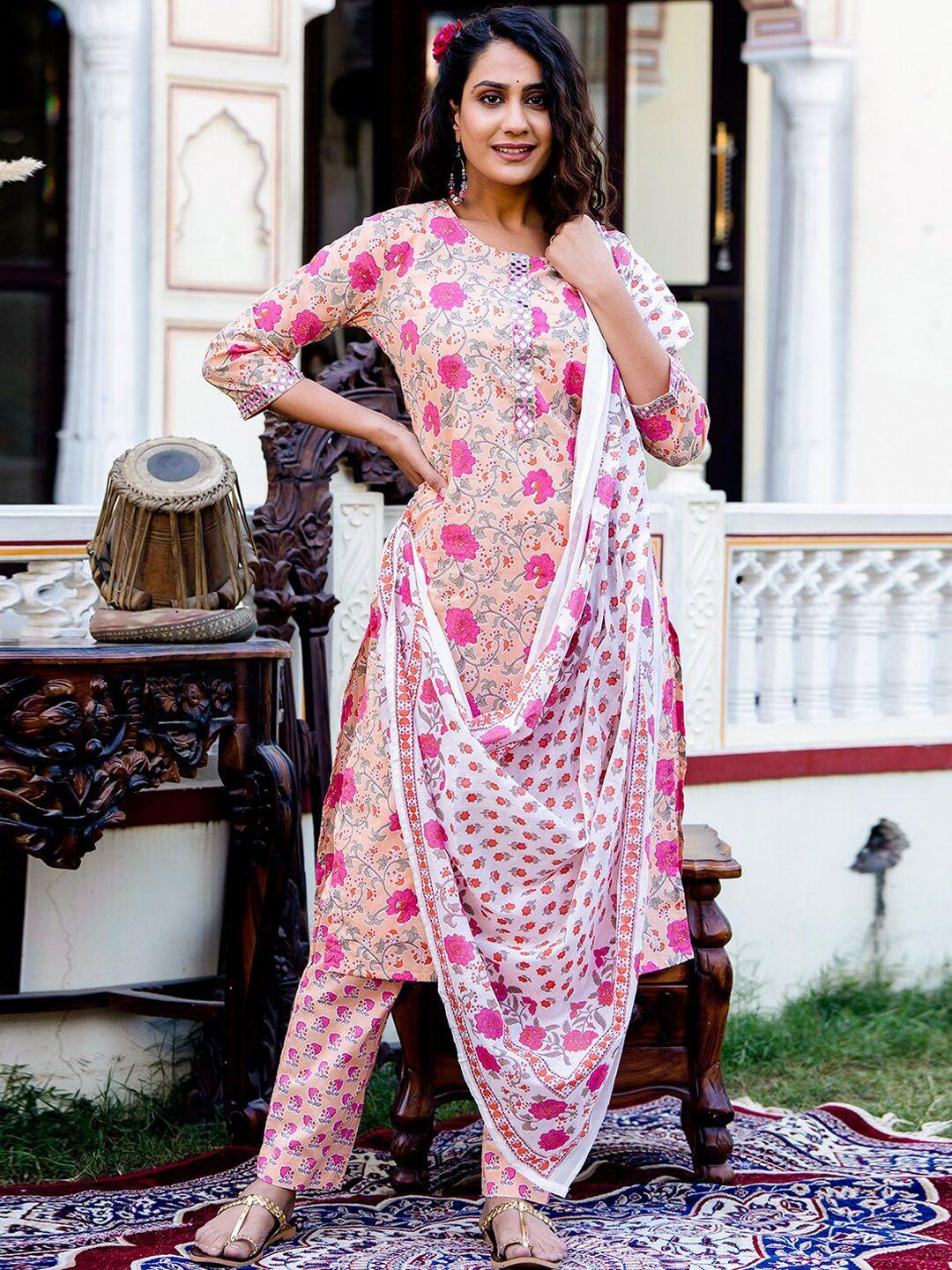 feranoid floral printed pure cotton kurta with trousers & dupatta