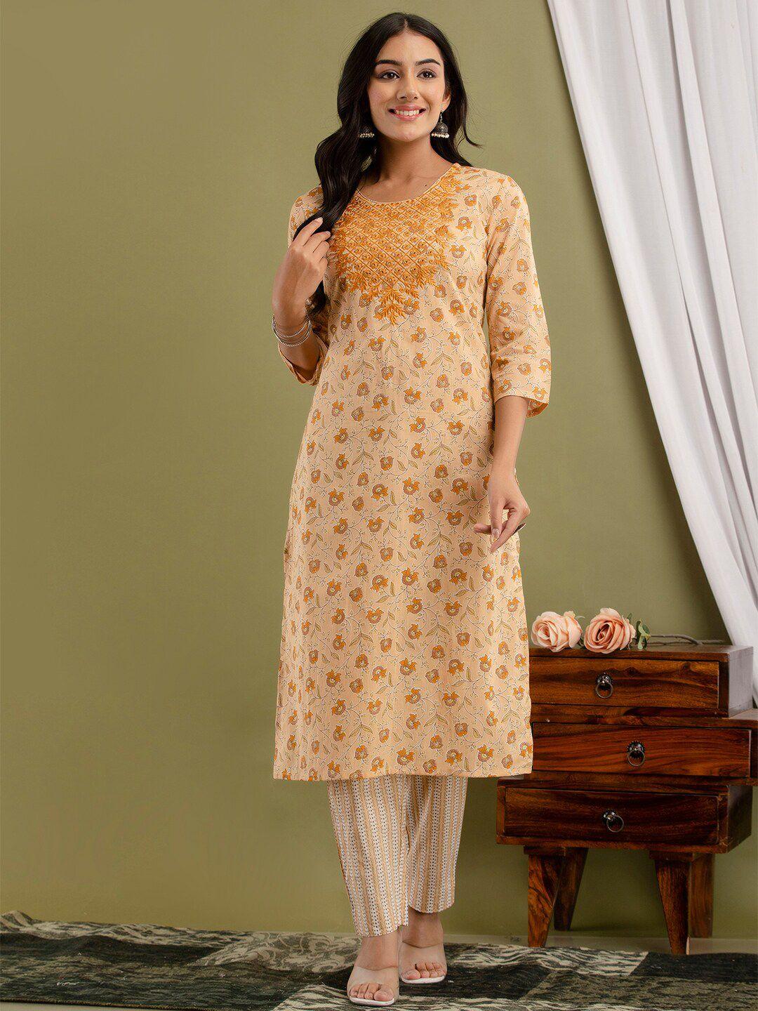 feranoid floral printed pure cotton kurta with trousers & dupatta