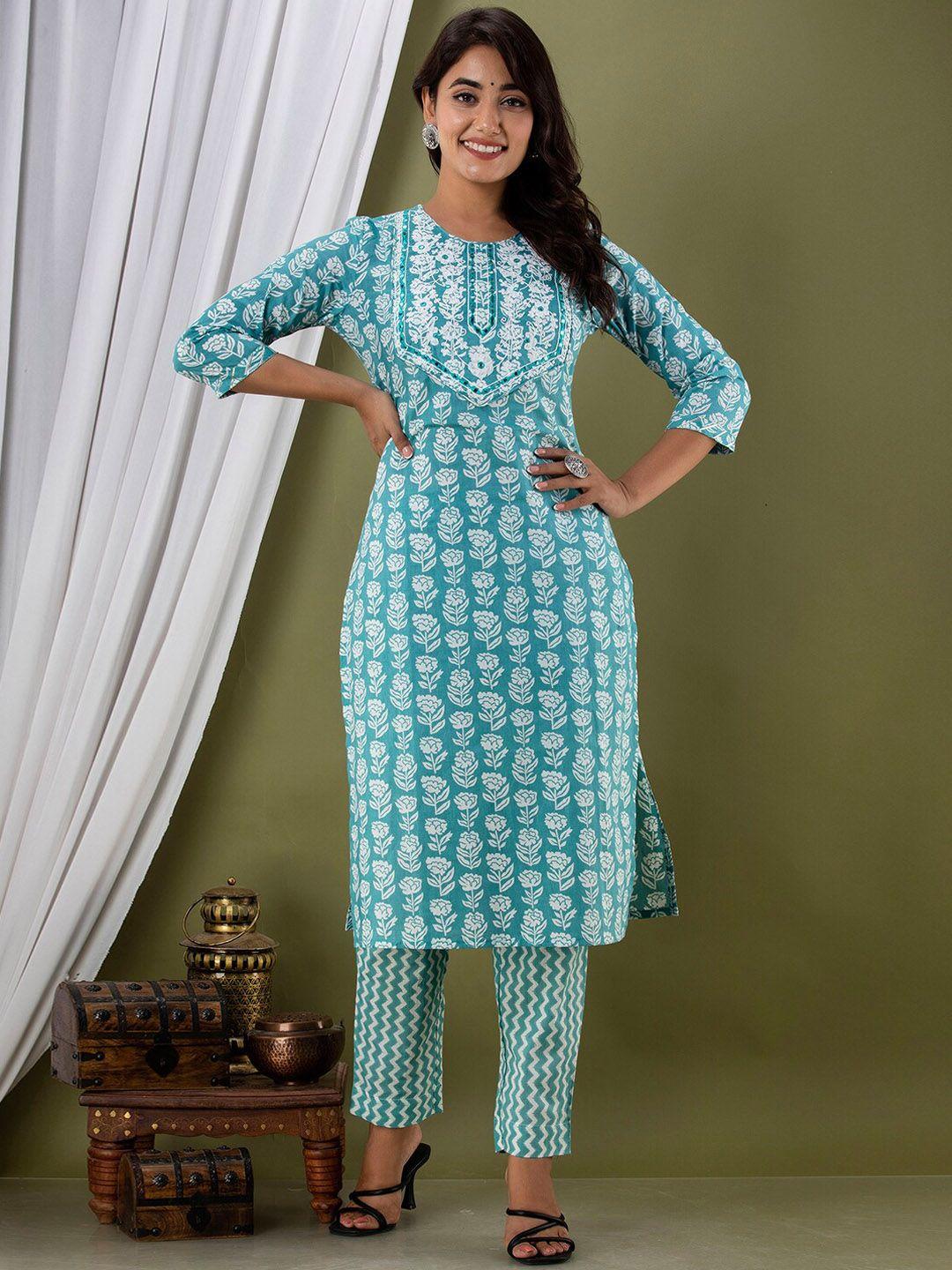 feranoid floral printed pure cotton kurta with trousers & dupatta