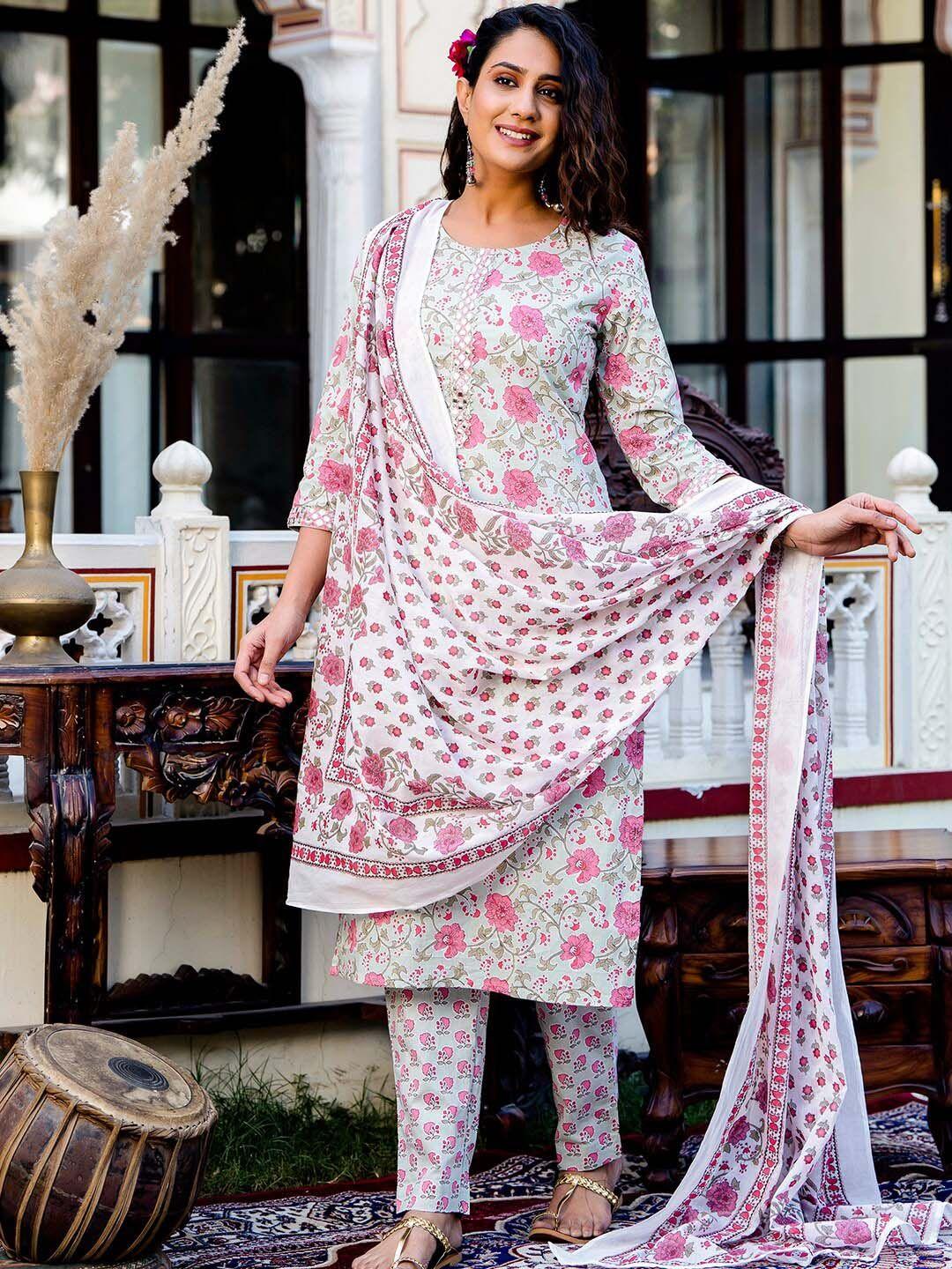 feranoid floral printed pure cotton kurta with trousers & dupatta