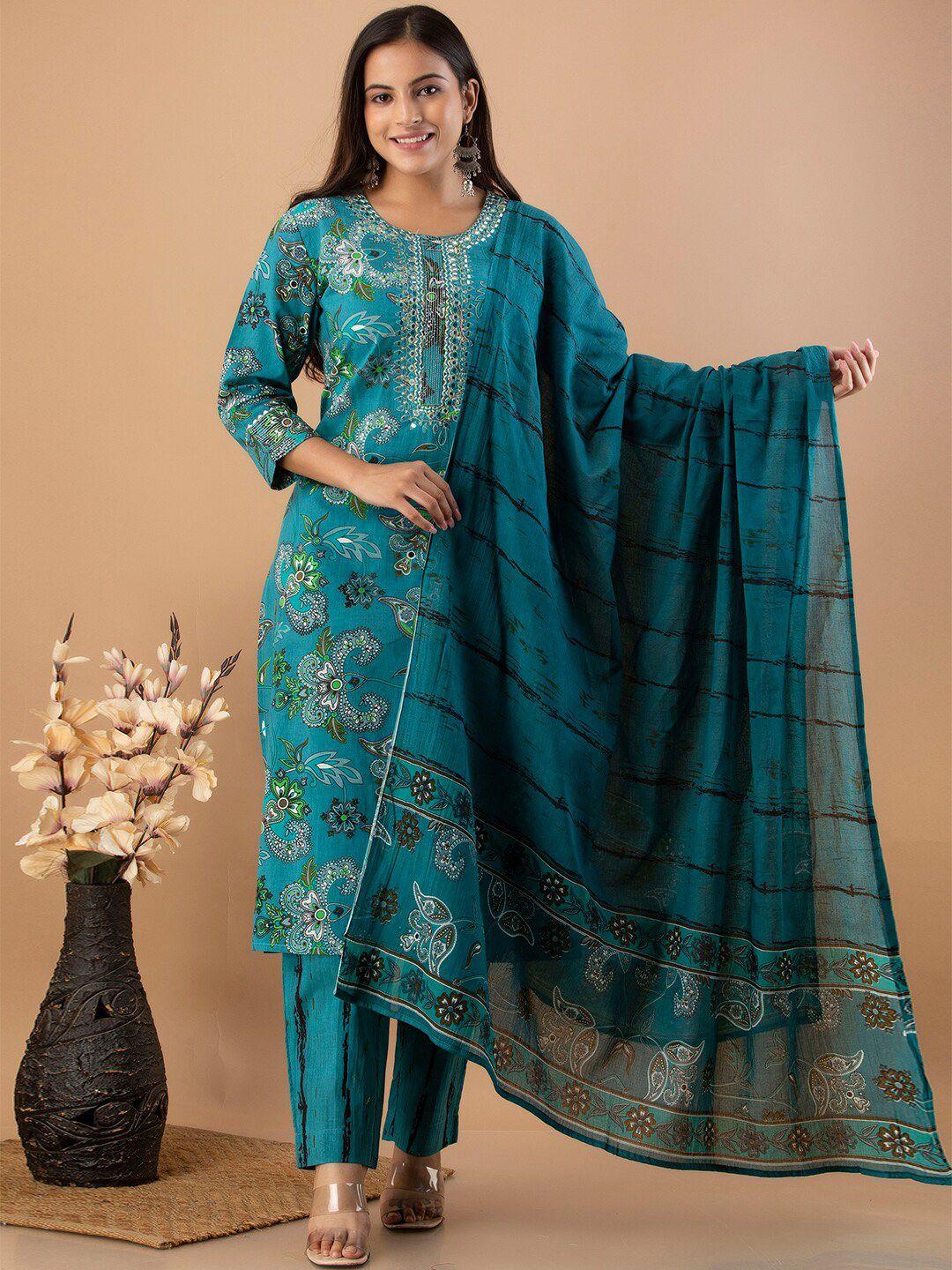 feranoid floral printed pure cotton straight kurta & trousers with dupatta