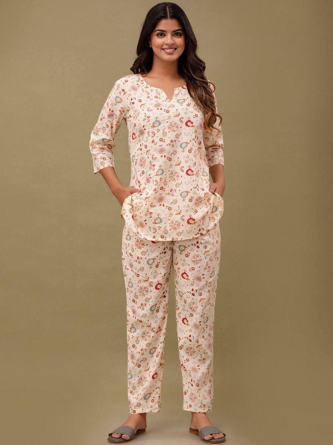 feranoid floral printed pure cotton top & pyjama