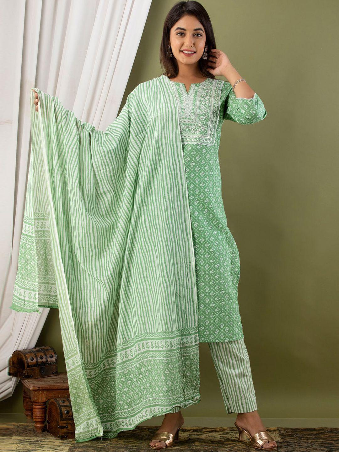 feranoid floral printed sequinned pure cotton straight kurta & trousers with dupatta