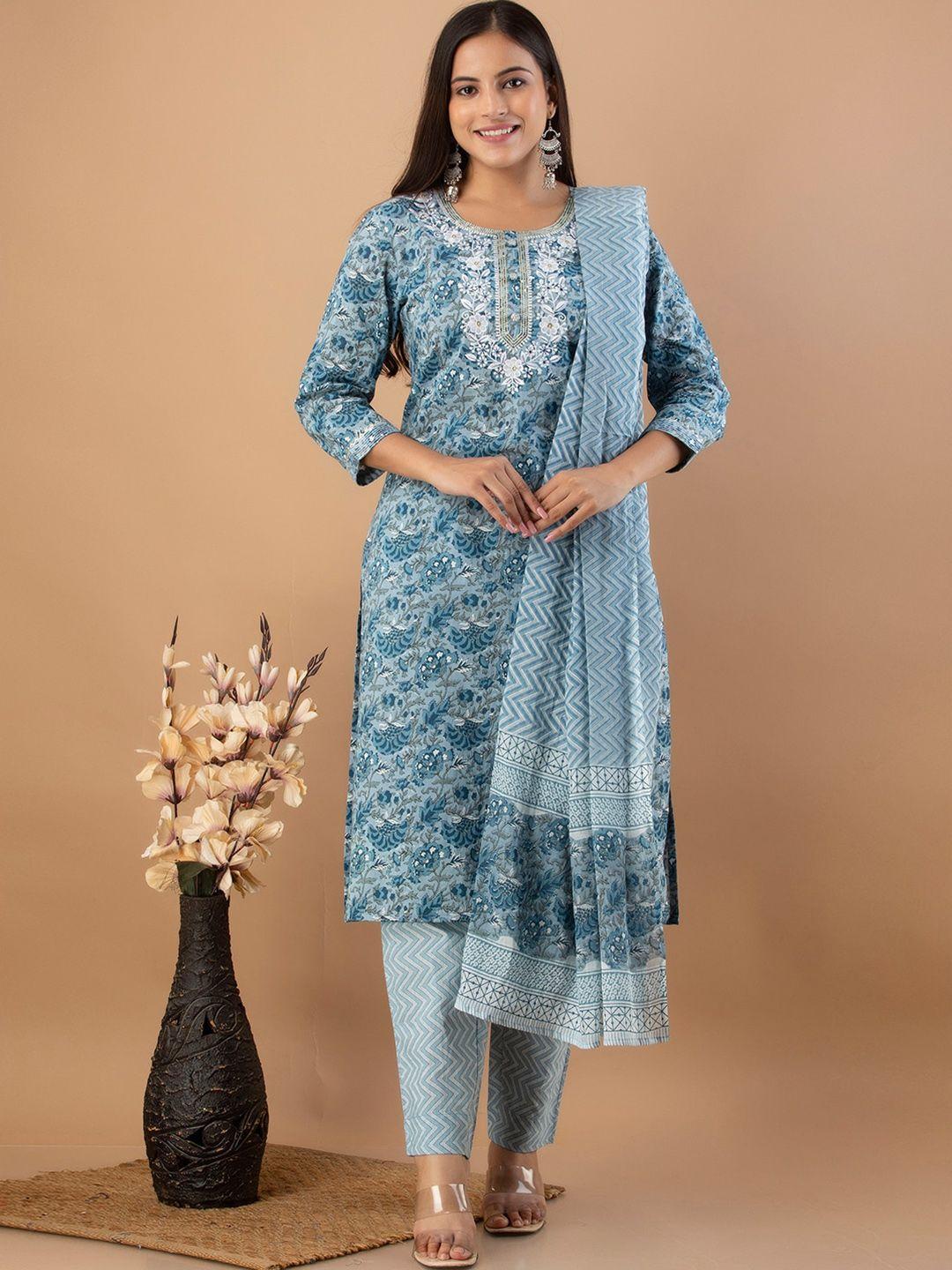 feranoid floral printed thread work pure cotton straight kurta & trousers with dupatta