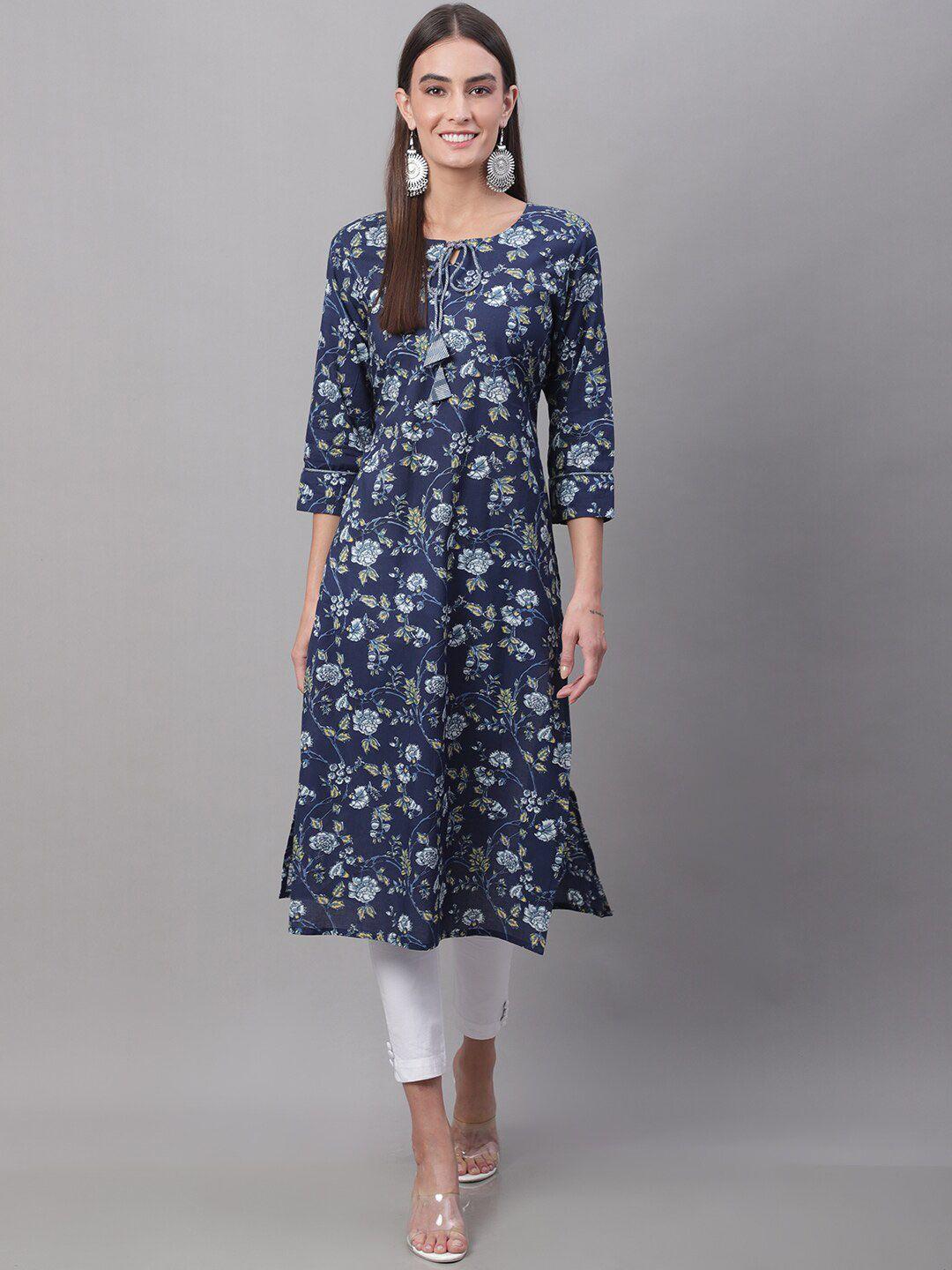 feranoid floral printed tie-up neck pure cotton kurta