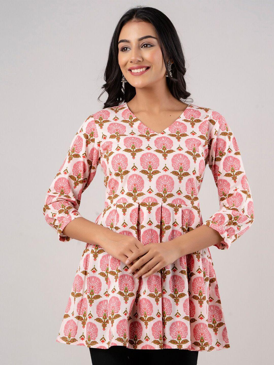 feranoid floral printed v-neck pure cotton pleated kurti