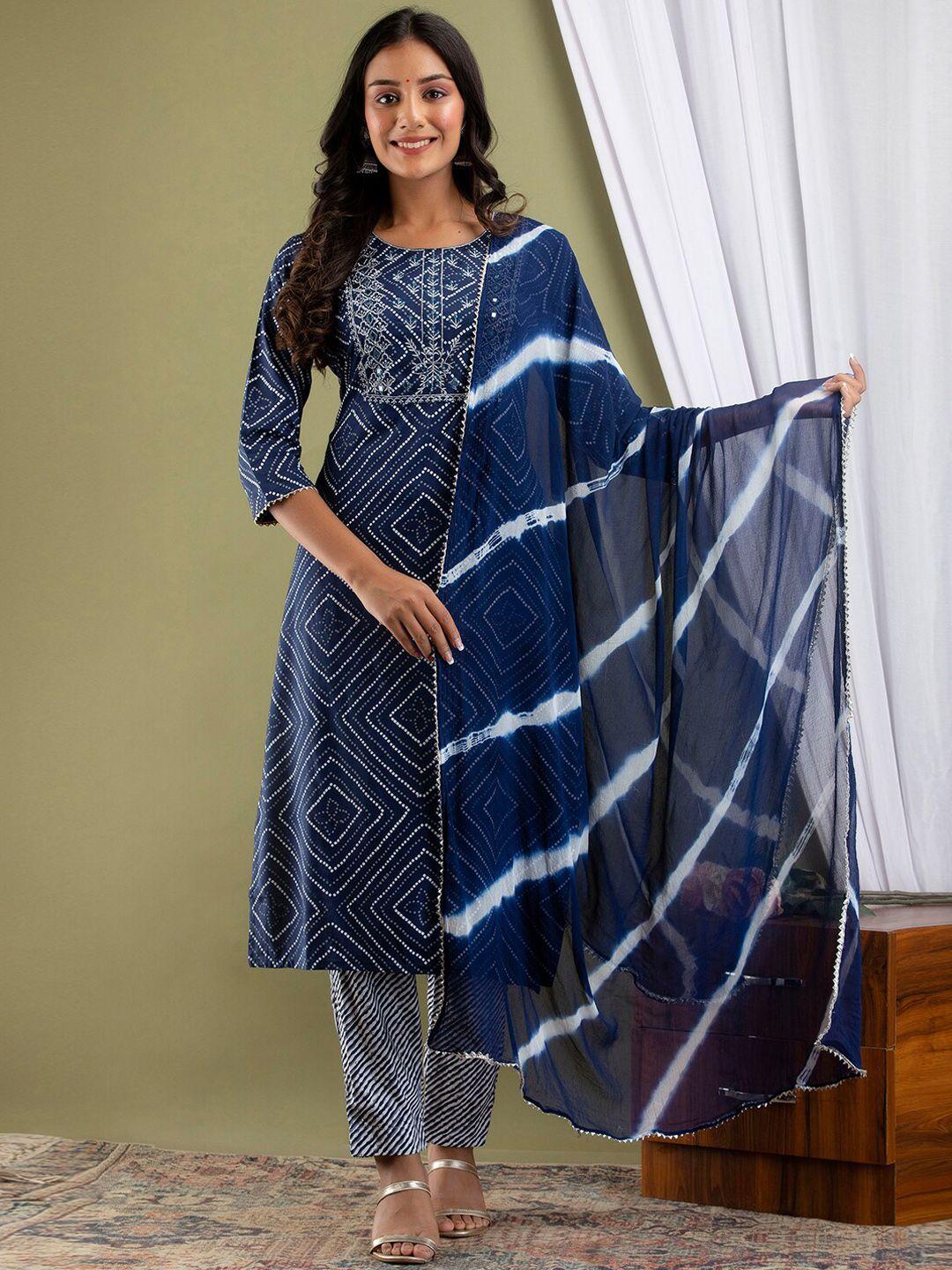 feranoid geometric printed regular thread work kurta with trousers & dupatta