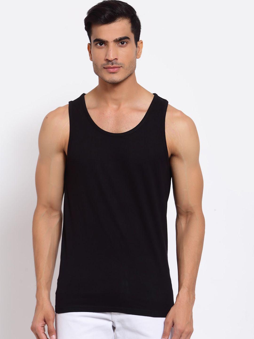feranoid men black solid cotton gym vest