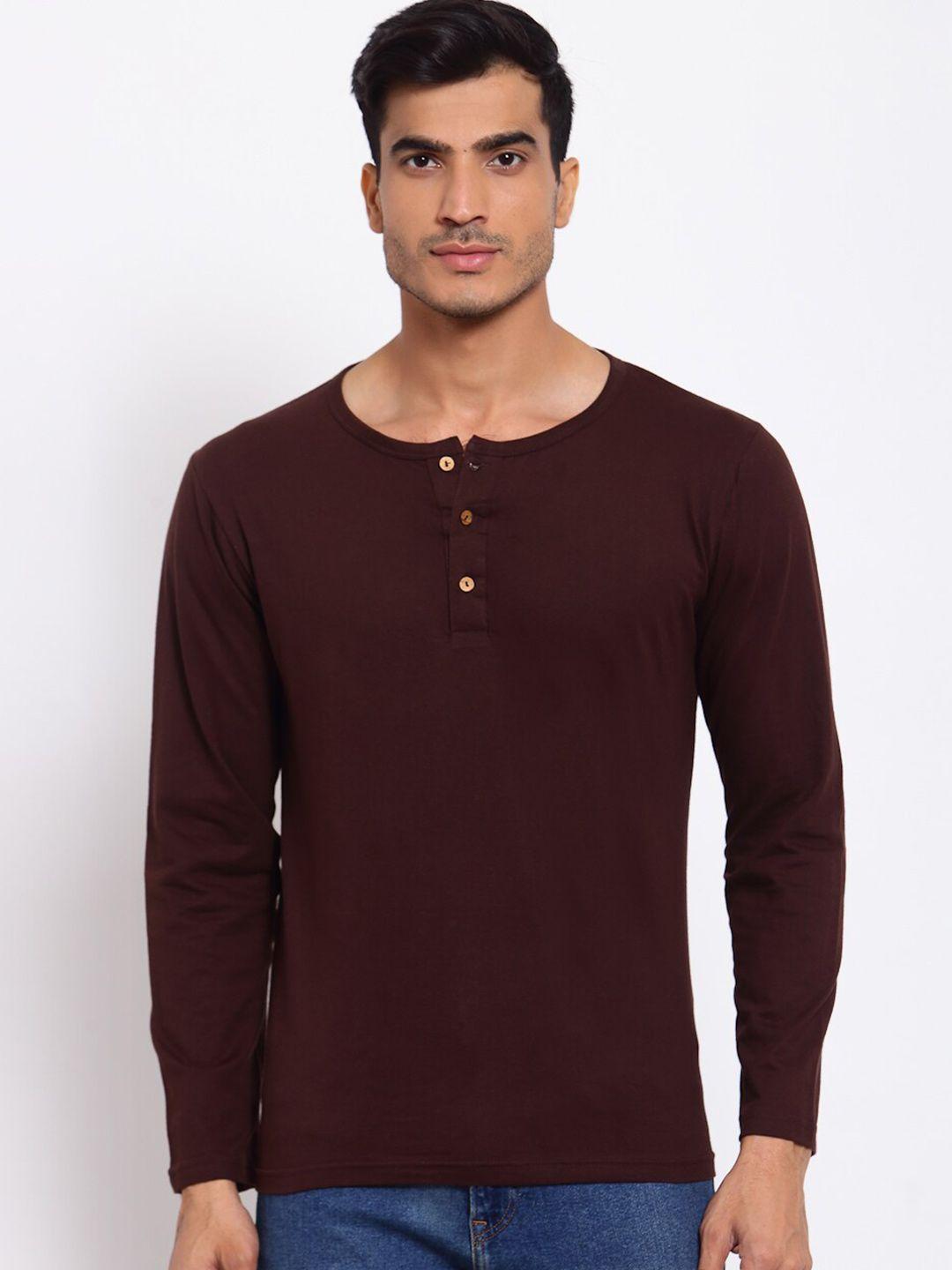 feranoid men brown solid henley neck full sleeve t-shirt