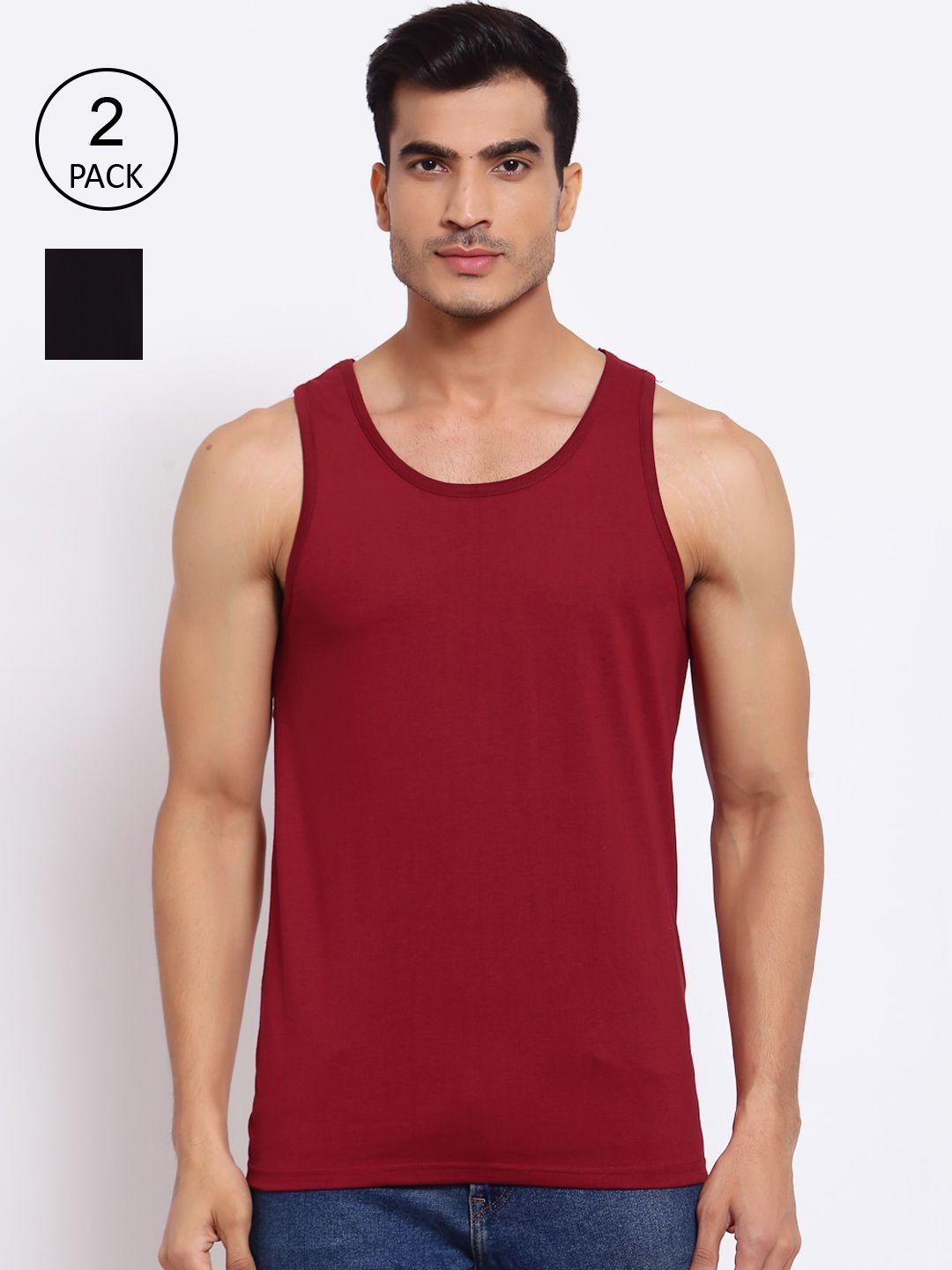 feranoid men pack of 2 maroon & black solid cotton gym vest