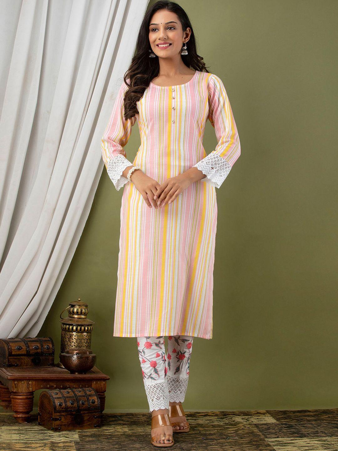 feranoid striped straight kurta & trousers with dupatta