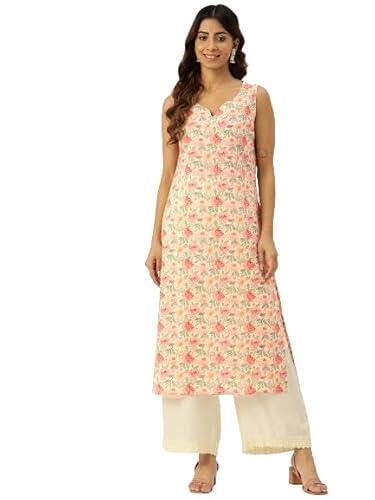 feranoid unique printed vneck sleeveless long straight kurti peach