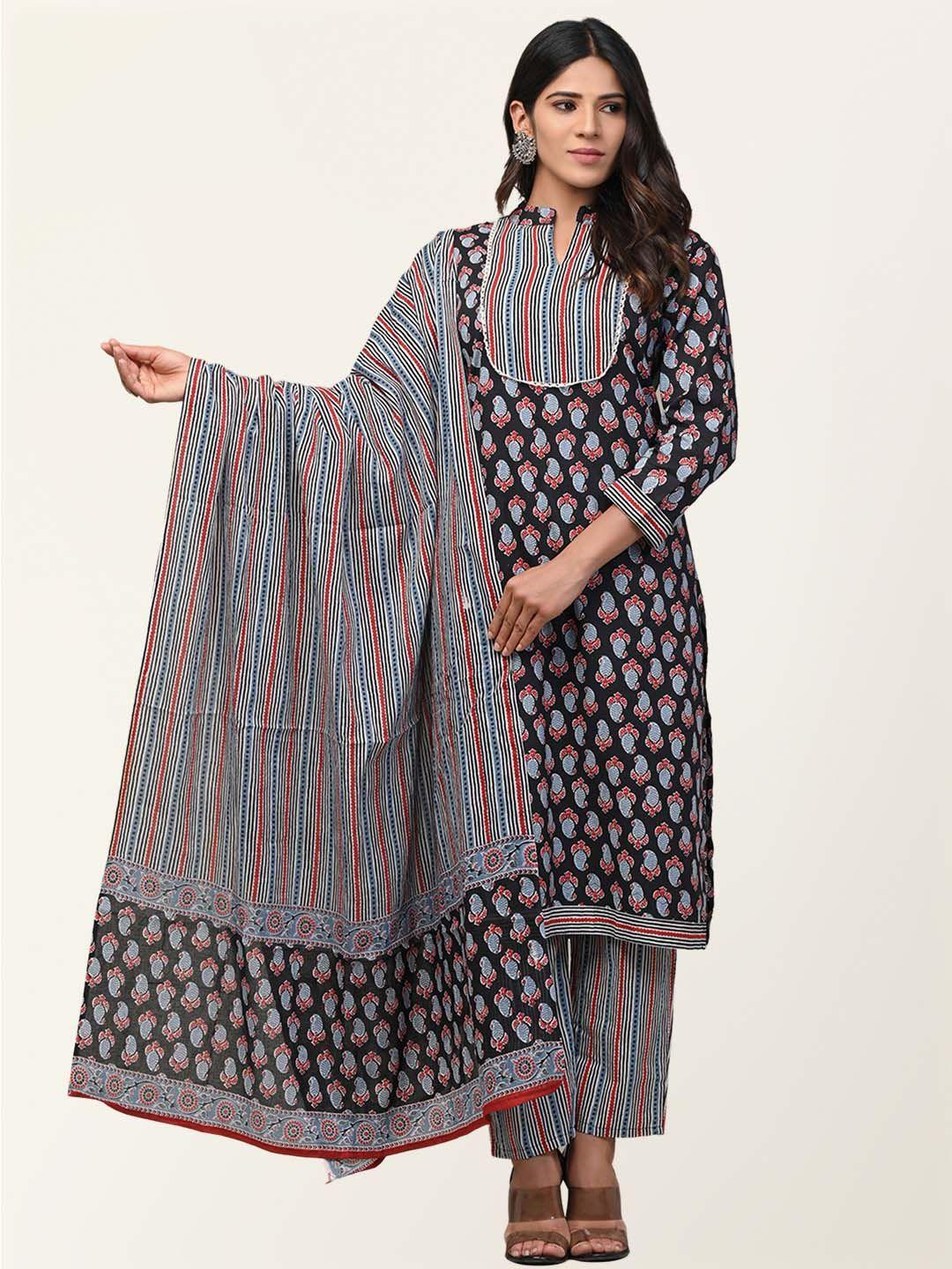 feranoid women black ethnic motifs printed pure cotton kurta with trousers & with dupatta