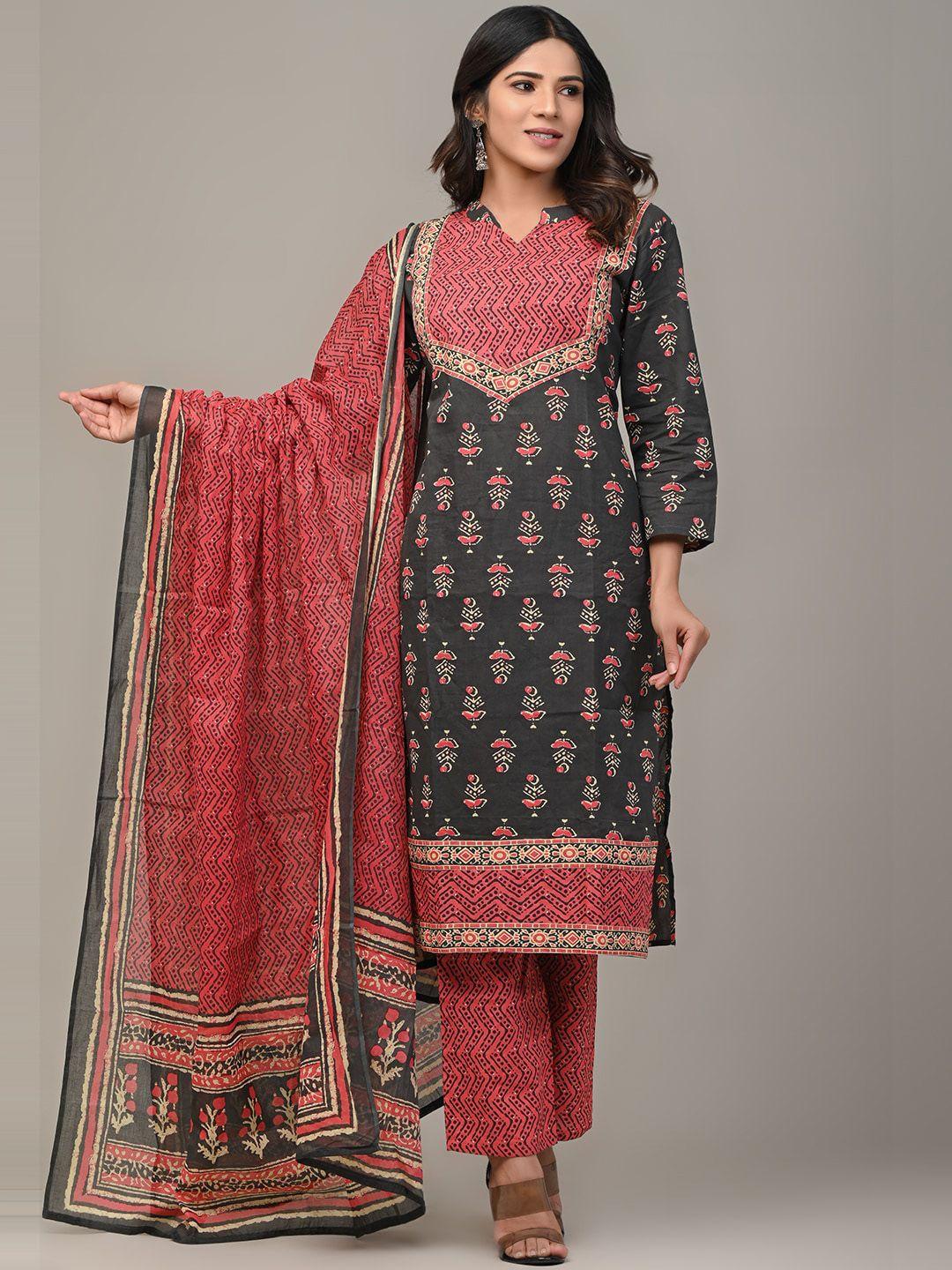 feranoid women black ethnic motifs printed pure cotton kurta with trousers & with dupatta