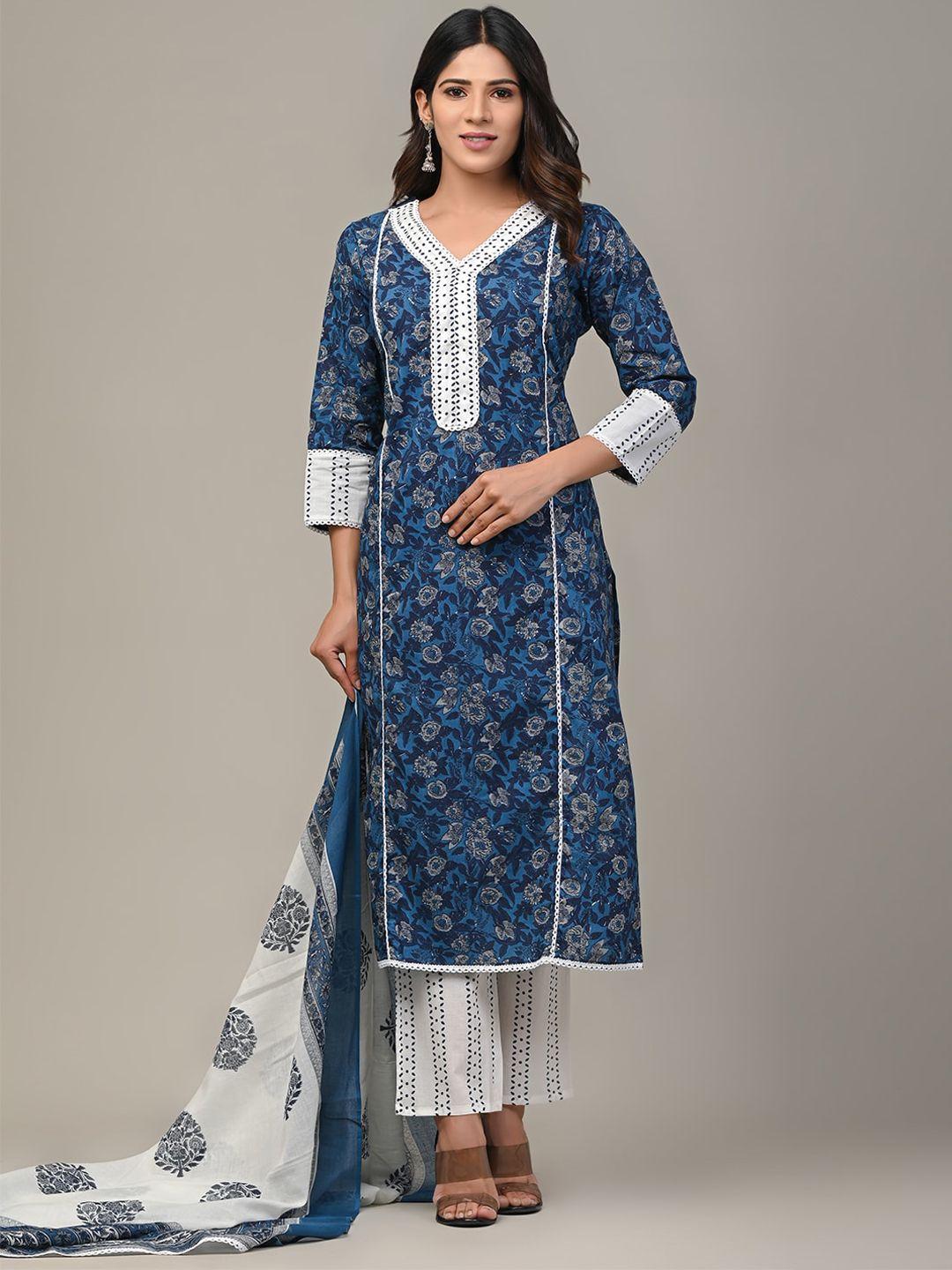 feranoid women blue floral printed pure cotton kurta with trousers & with dupatta
