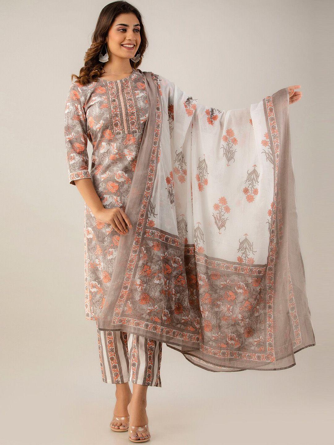 feranoid women floral printed pure cotton kurta with trousers & dupatta