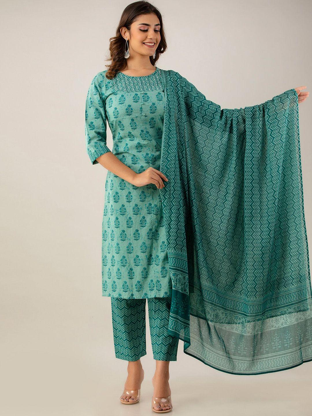 feranoid women floral printed pure cotton kurta with trousers & dupatta