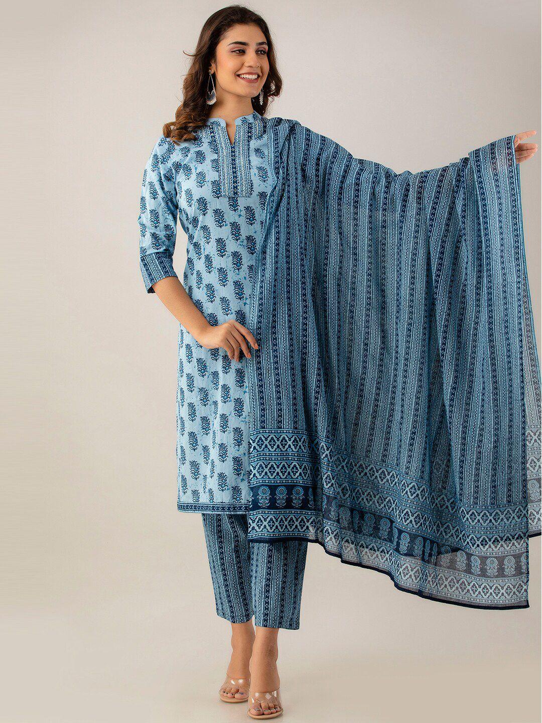 feranoid women floral printed pure cotton kurta with trousers & dupatta