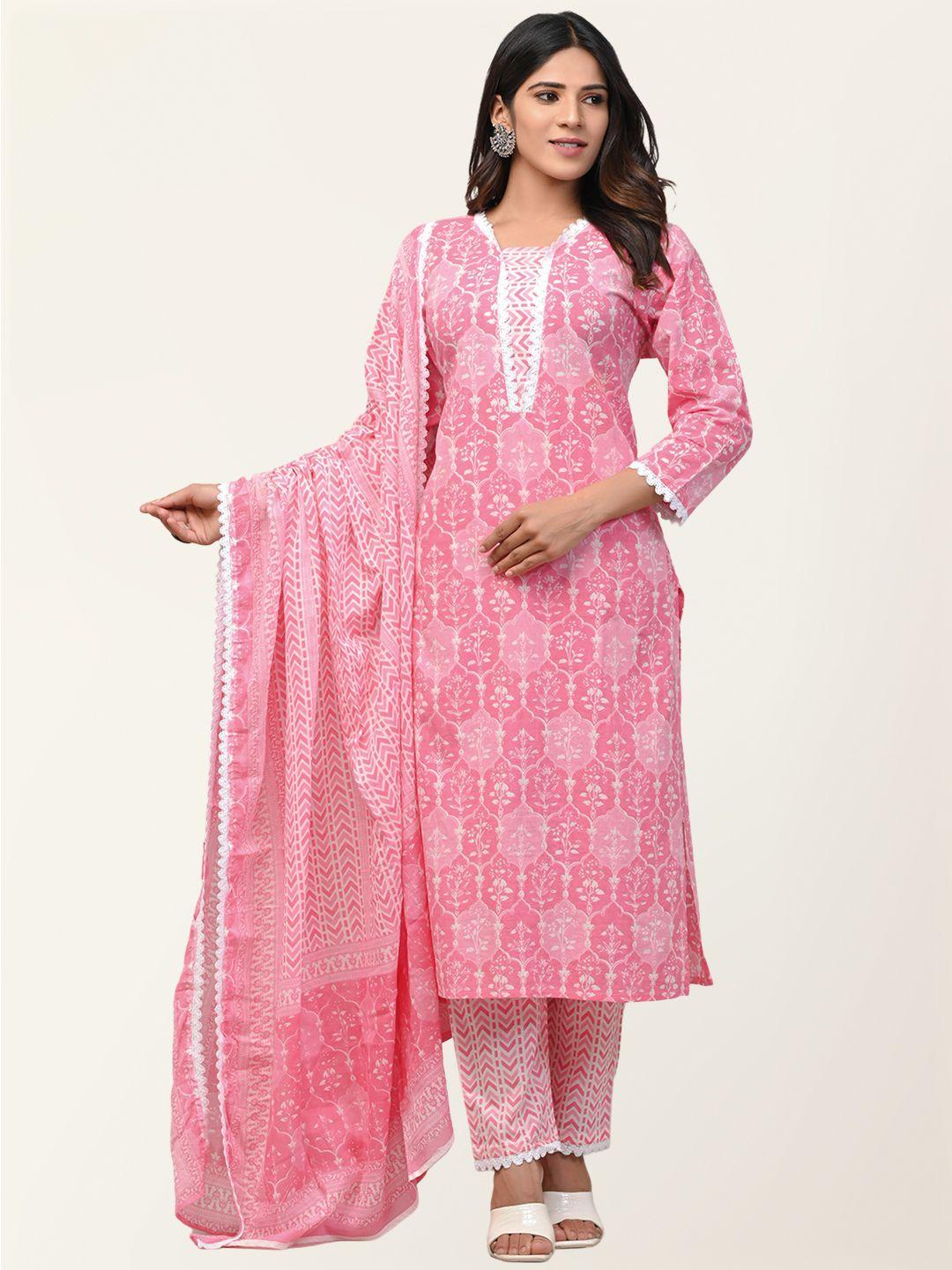 feranoid women pink floral embroidered pure cotton kurta with trousers & dupatta