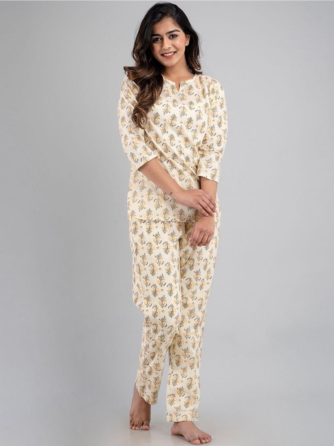 feranoid women yellow & grey printed night suit