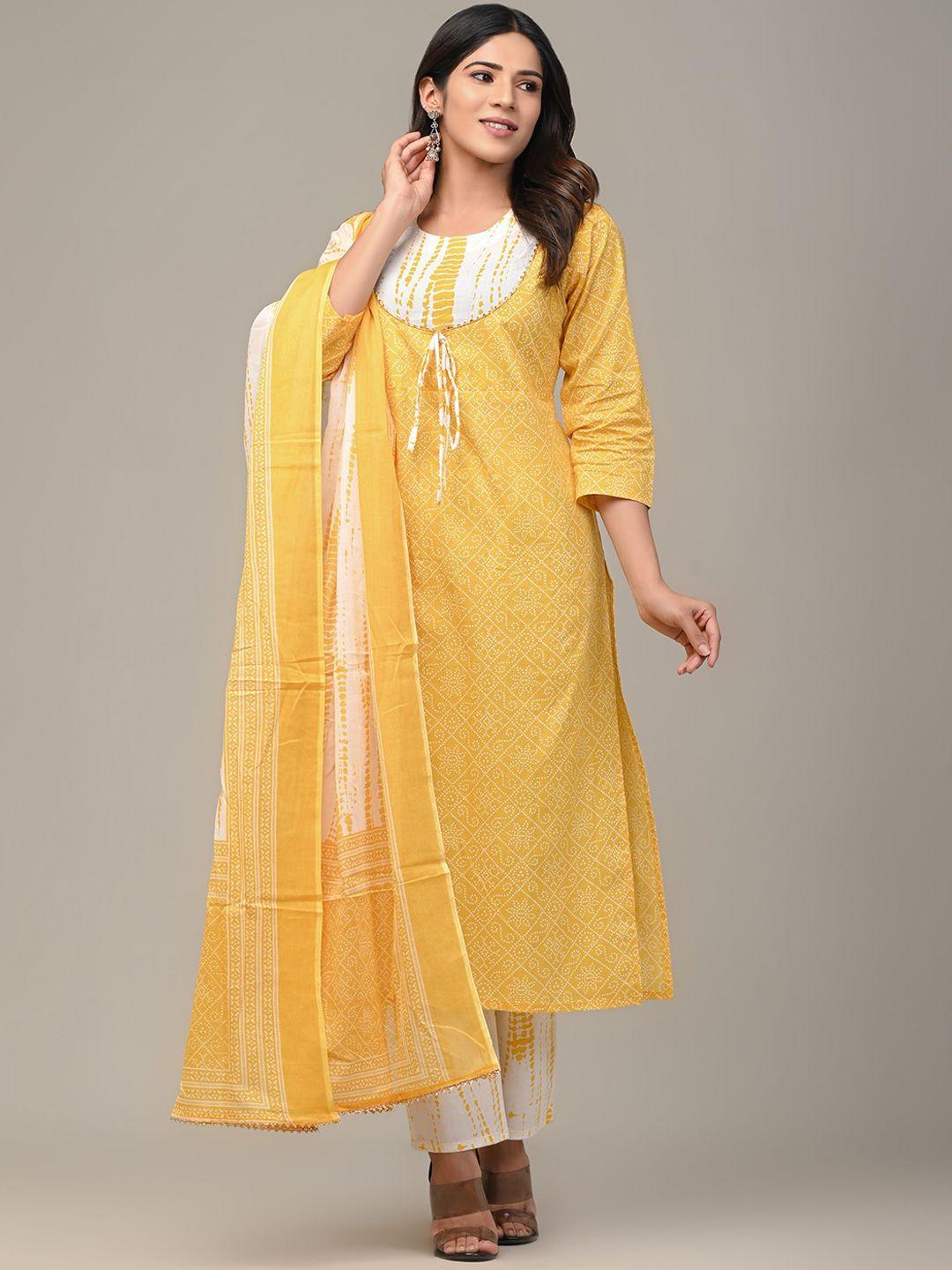 feranoid women yellow bandhani printed pure cotton kurta with trousers & with dupatta