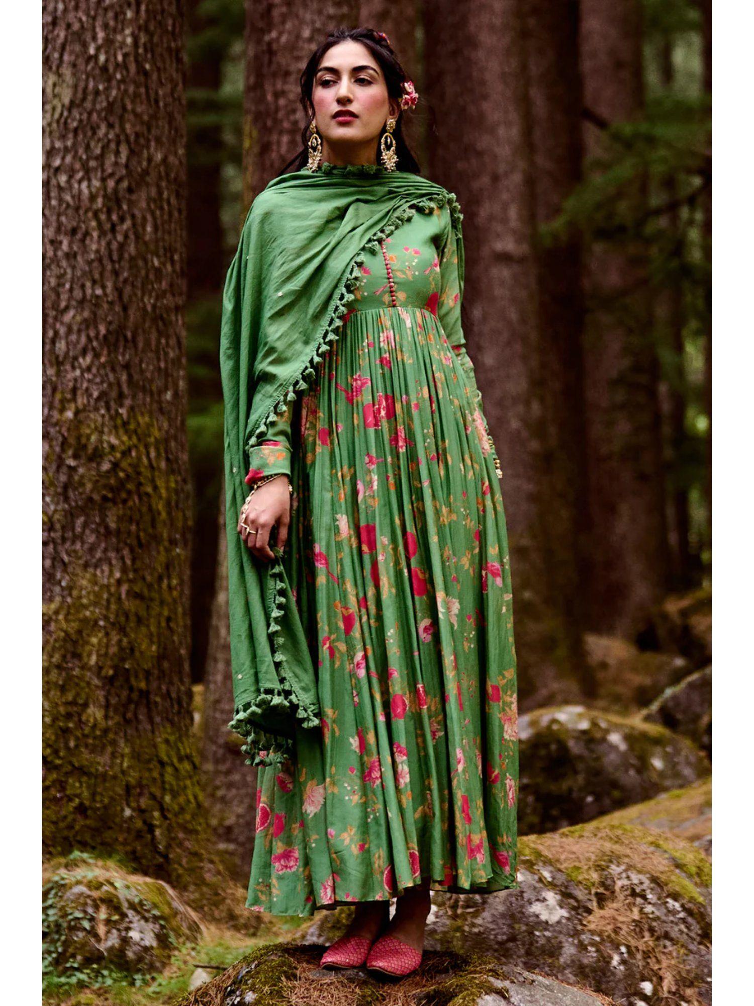 fern green anarkali with cotton dupatta (set of 2)