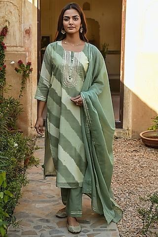 fern green chanderi leheriya kurta set