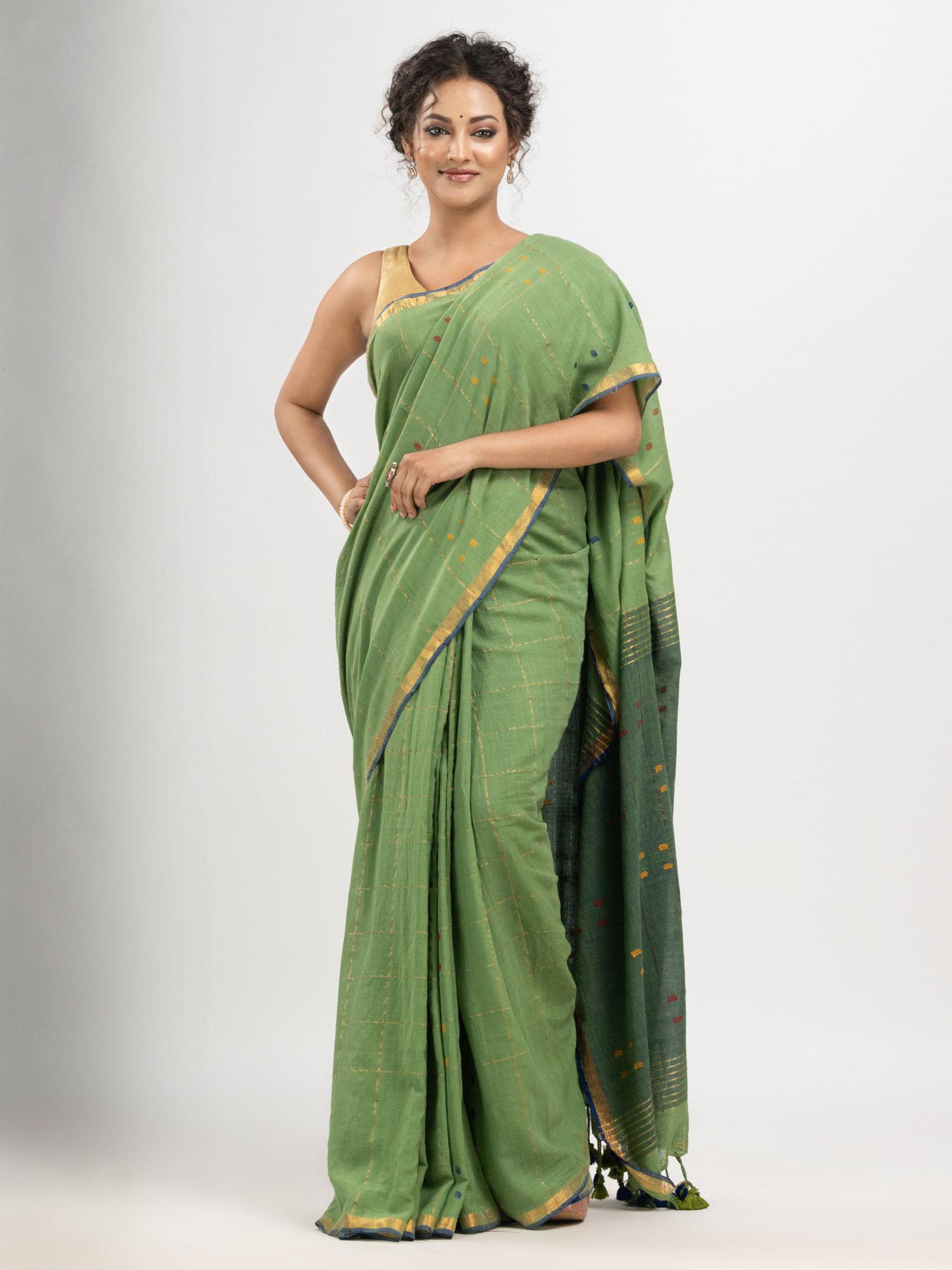 fern green cotton and stripe with gold zari border handloom saree with unstitched blouse