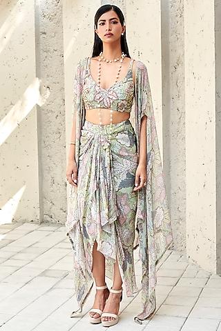 fern green crepe printed cape set