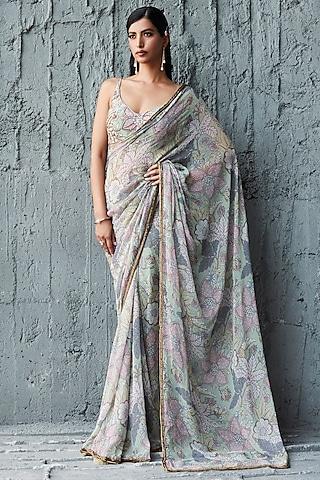 fern green georgette printed saree set