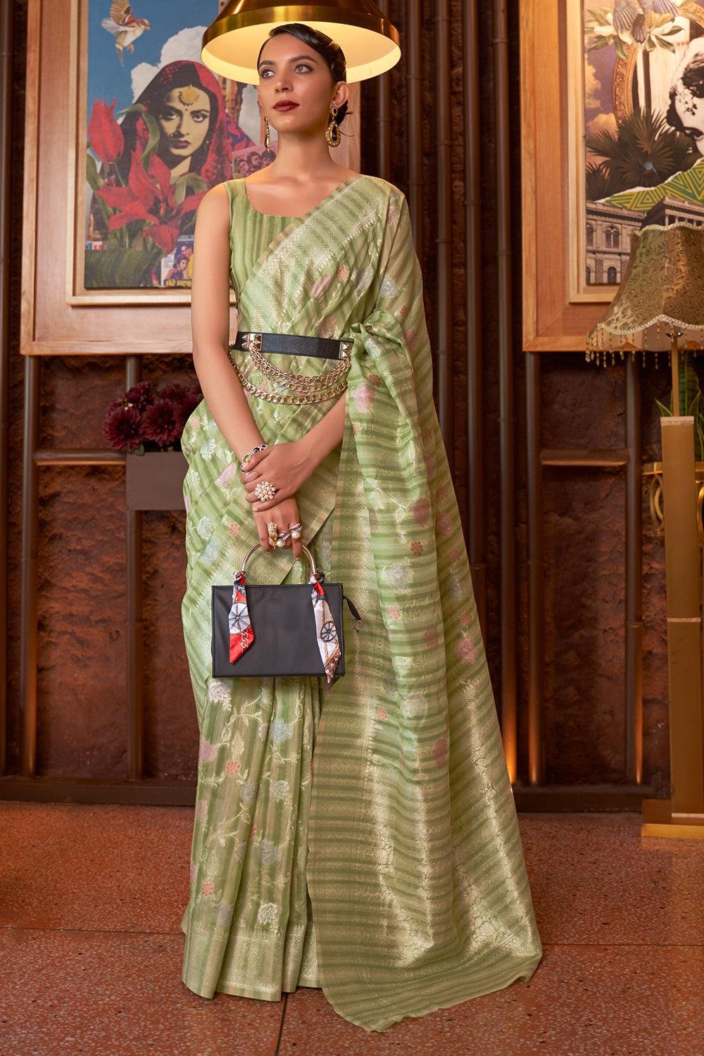 fern green linen saree