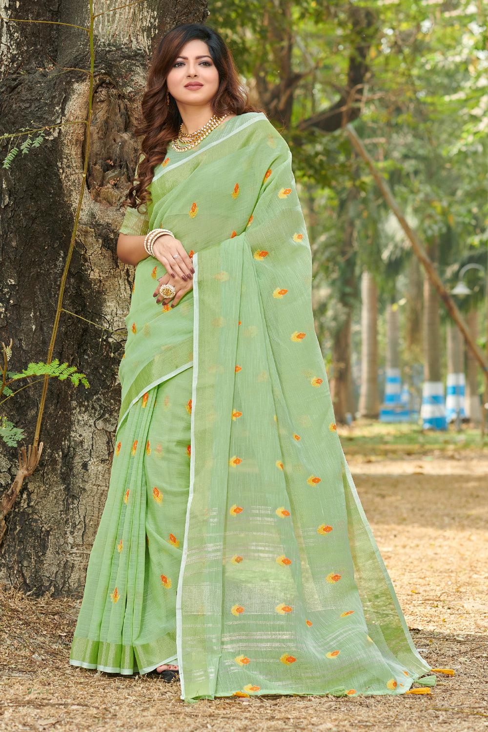 fern green linen saree