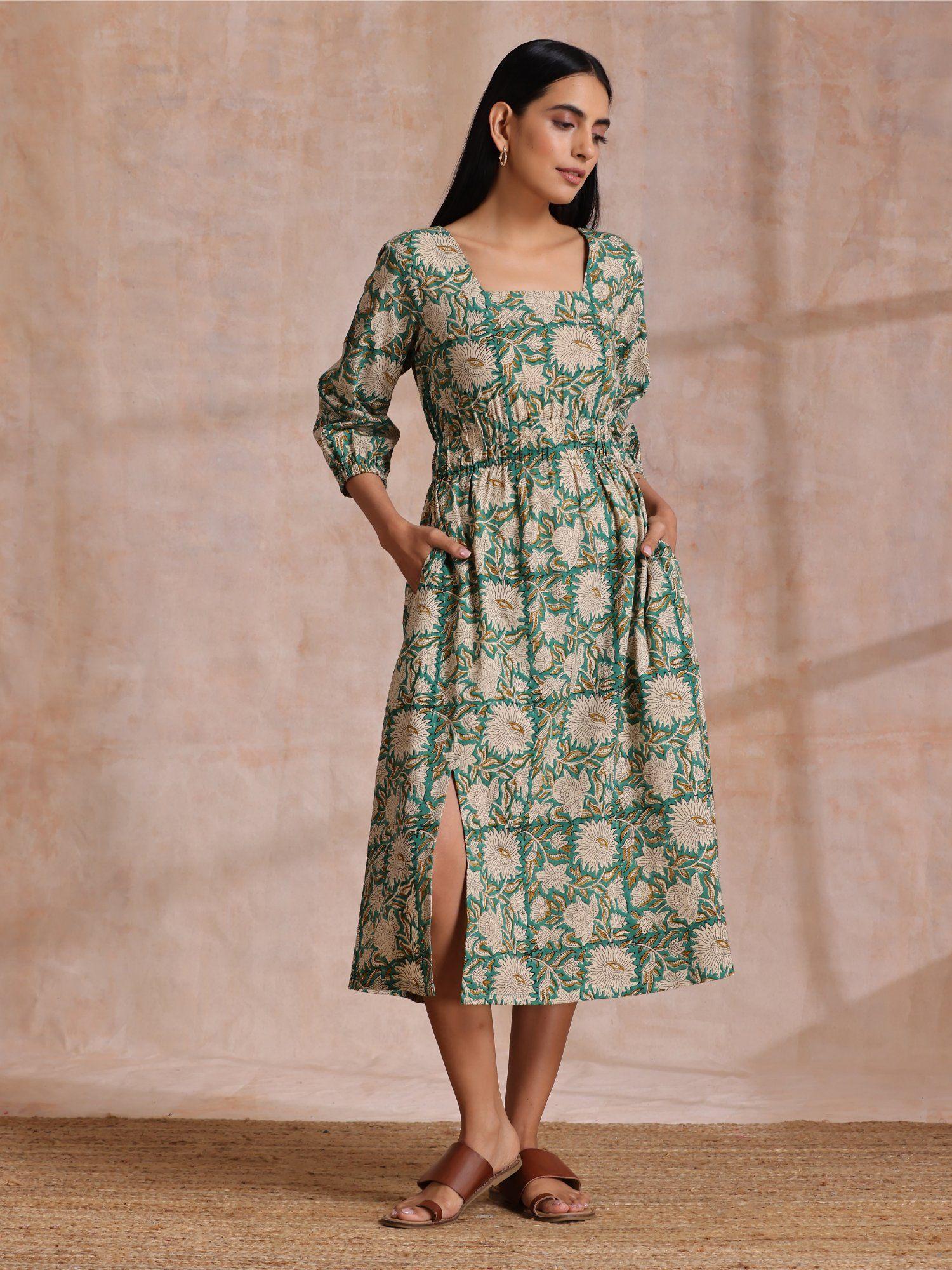 fern green overall floral block print cotton square neck dress