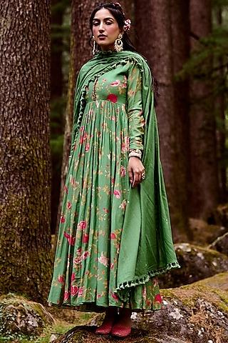 fern green printed anarkali set