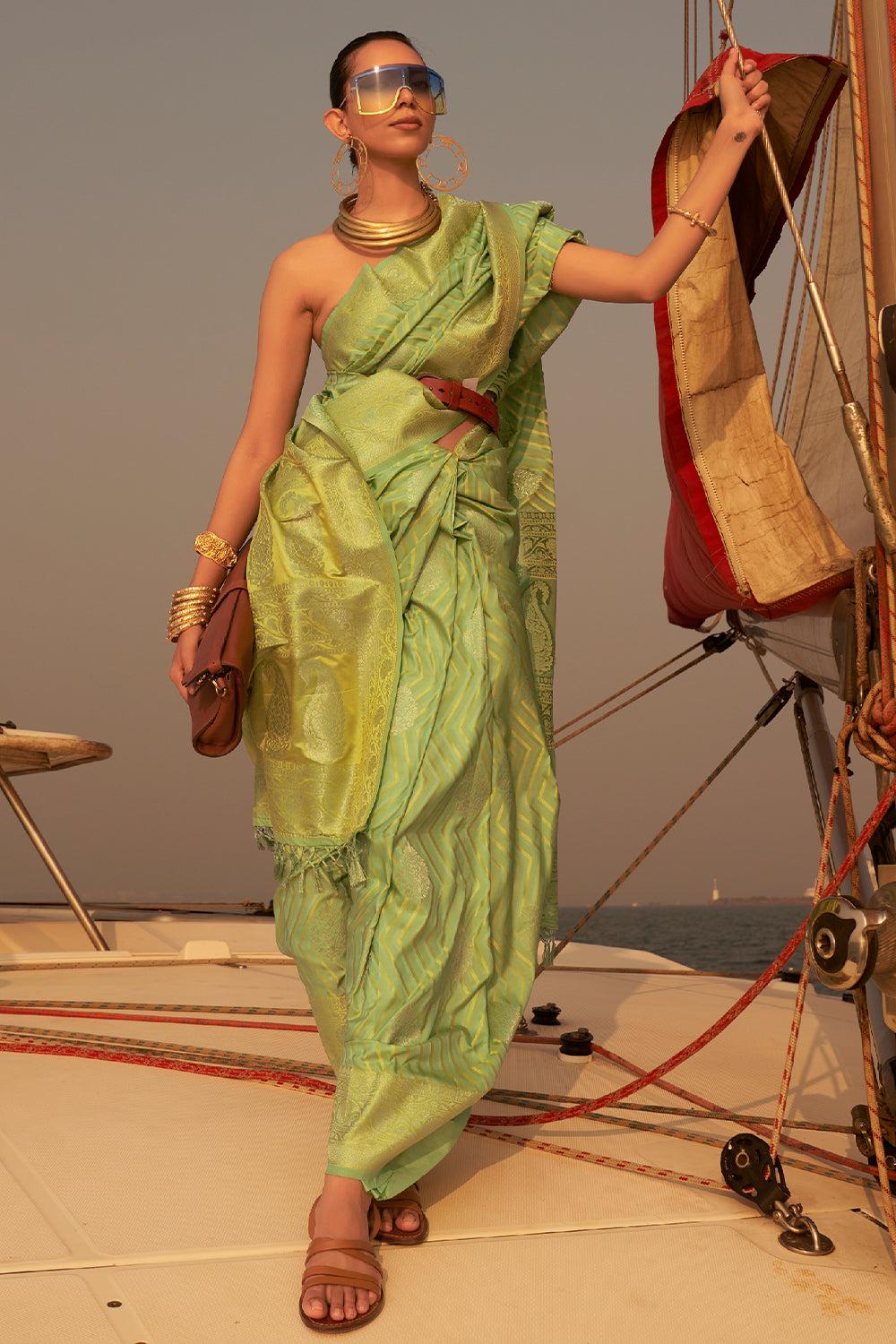 fern green satin saree