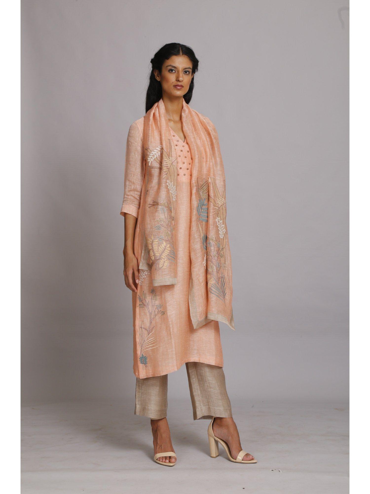 fern stunner peach kurta and trouser with dupatta (set of 3)