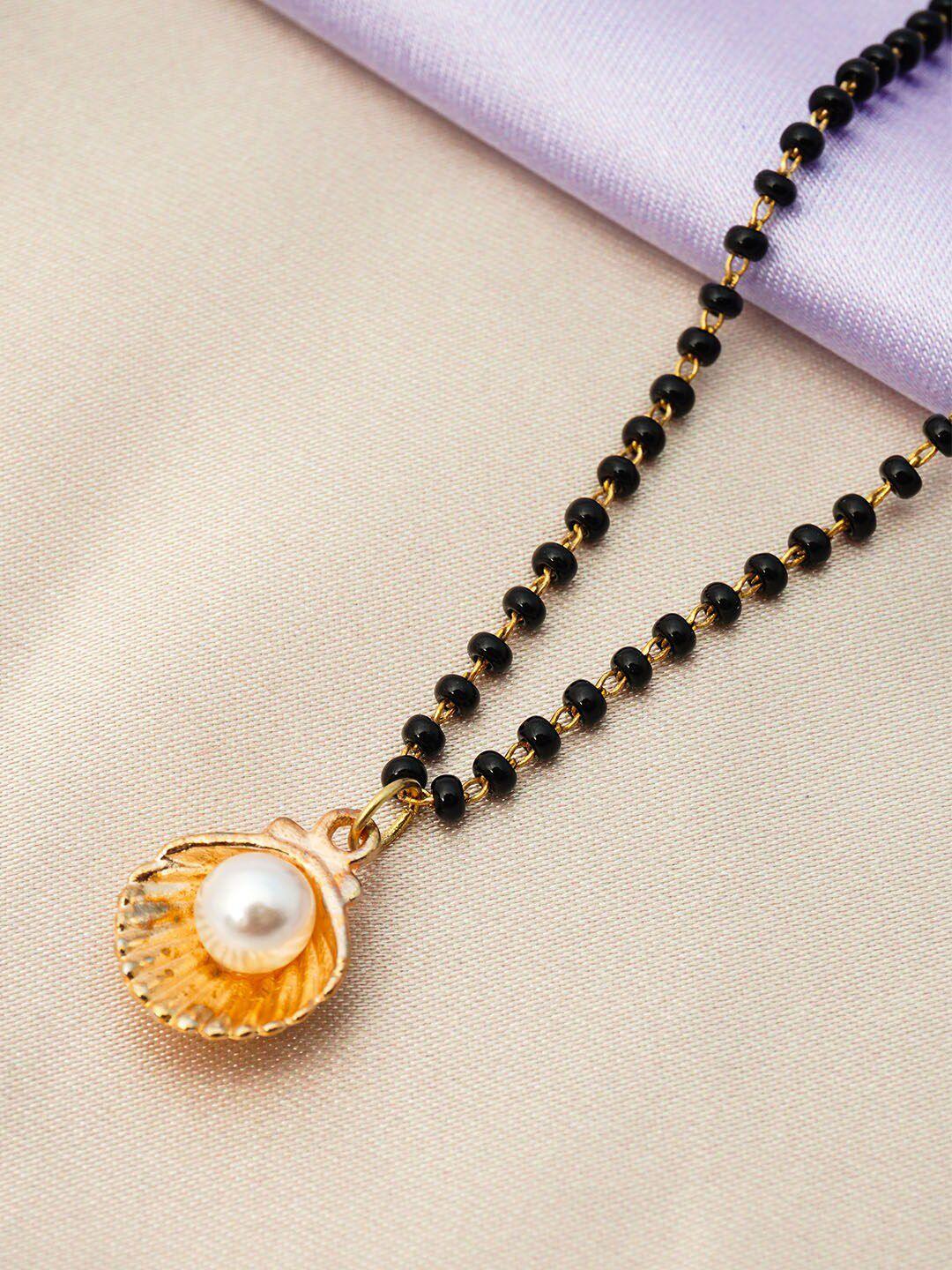 ferosh black and gold toned gold-plated pearl seashell pendant beaded mangalsutra